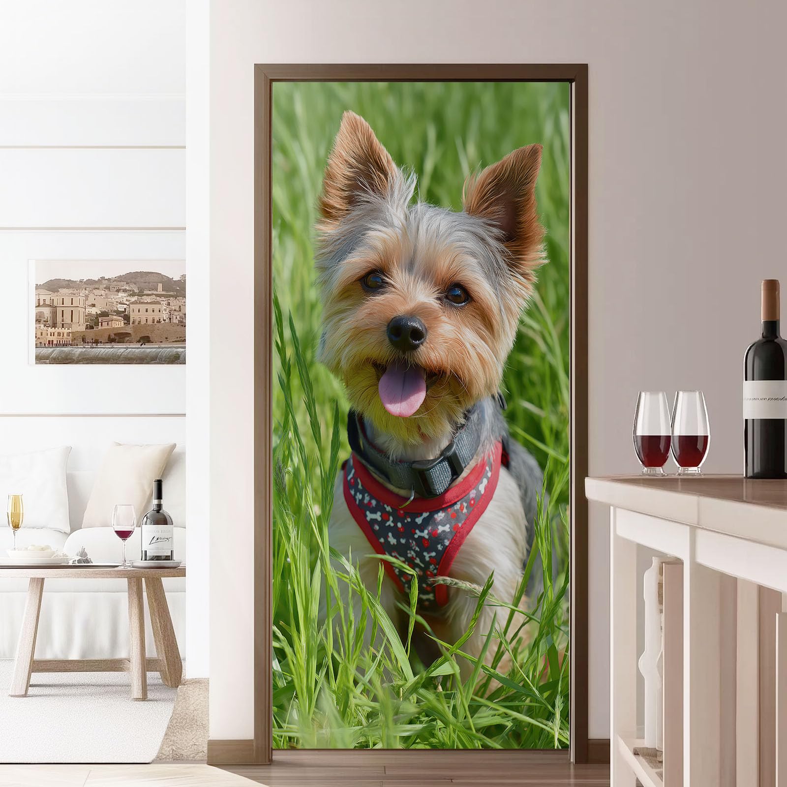 Adesivo per porta con cucciolo di animale, motivo prato verde naturale, in PVC, impermeabile, rimovibile, decorazione per porta per camera da letto, soggiorno, decorazione per la casa, 95 x 210 cm