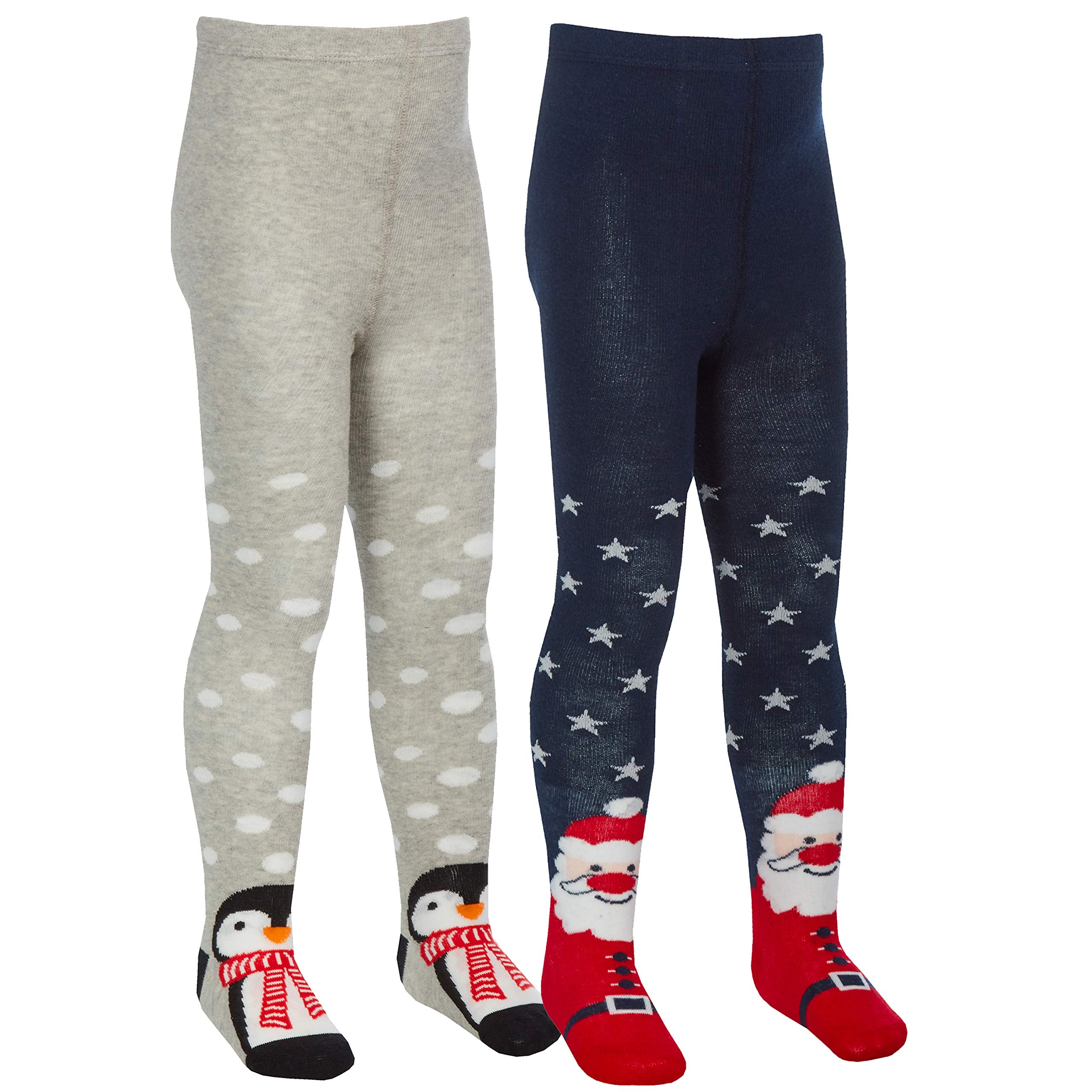 Metzuyan Girls 2 Pack - Navy & Grey Kids Cotton Rich Novelty Xmas Tights Christmas Grey Navy Penguin Santa Claus 2-3 Years