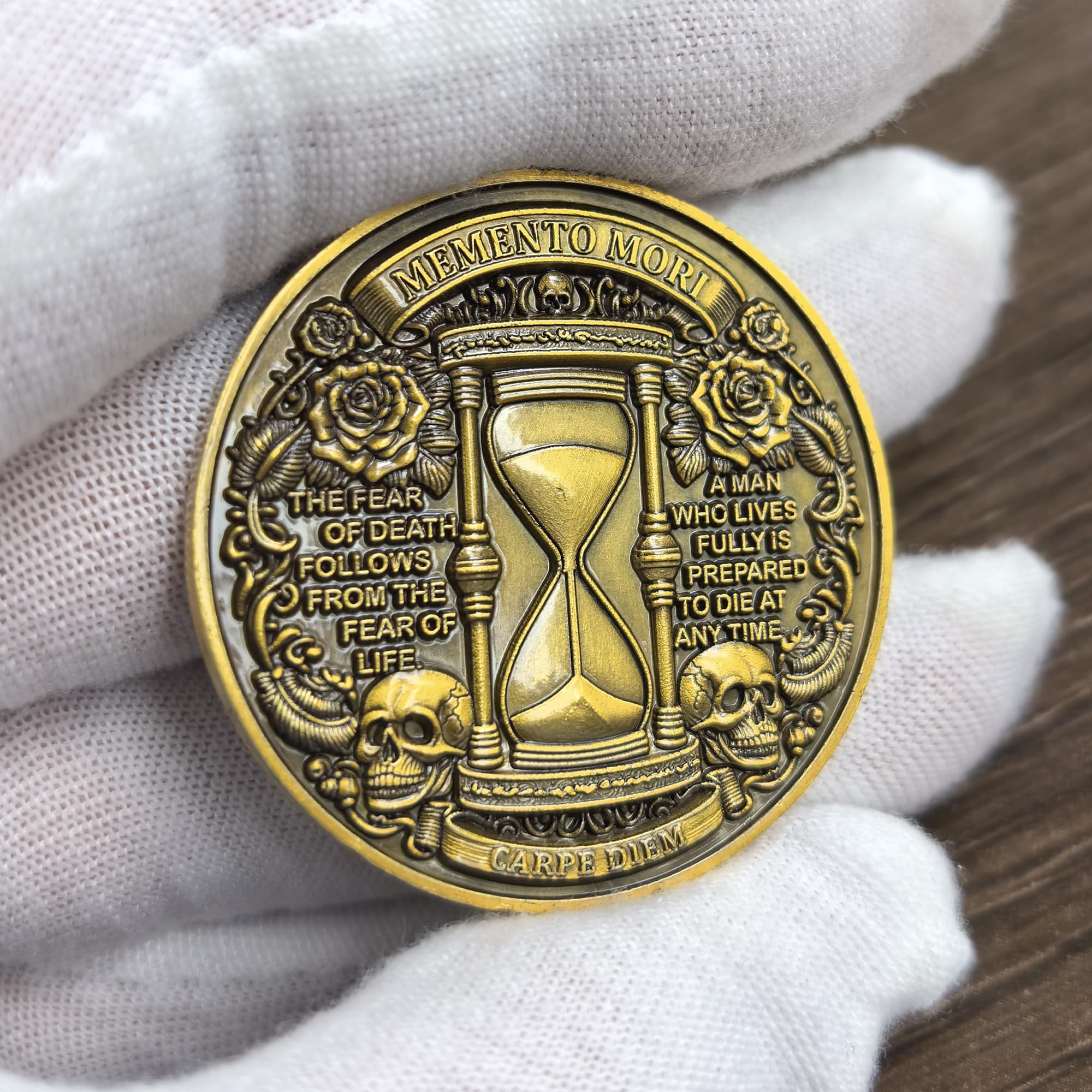 Memento Mori Challenge Coin - Grim Reaper & Hourglass Design With Carpe Diem, Single Antique Finish Coin In Protective Case