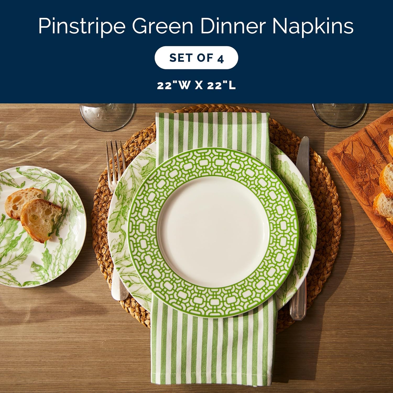 Caskata Pinstripe Green Dinner Napkins Set of 4 | 100% Cotton Cloth Set for Entertaining or Everyday Table | Perfect for Wedding, Birthday, Christmas Green and White, 22 Inch Square