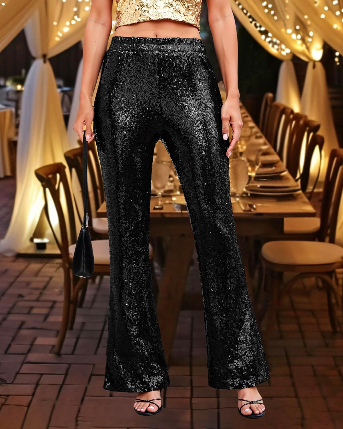 GRAPENT Sequin Pants for Women Flare High Waisted Pull On Elastic Waist Party Club Night Out Dance Stretch Sparkly Pants - Image 8