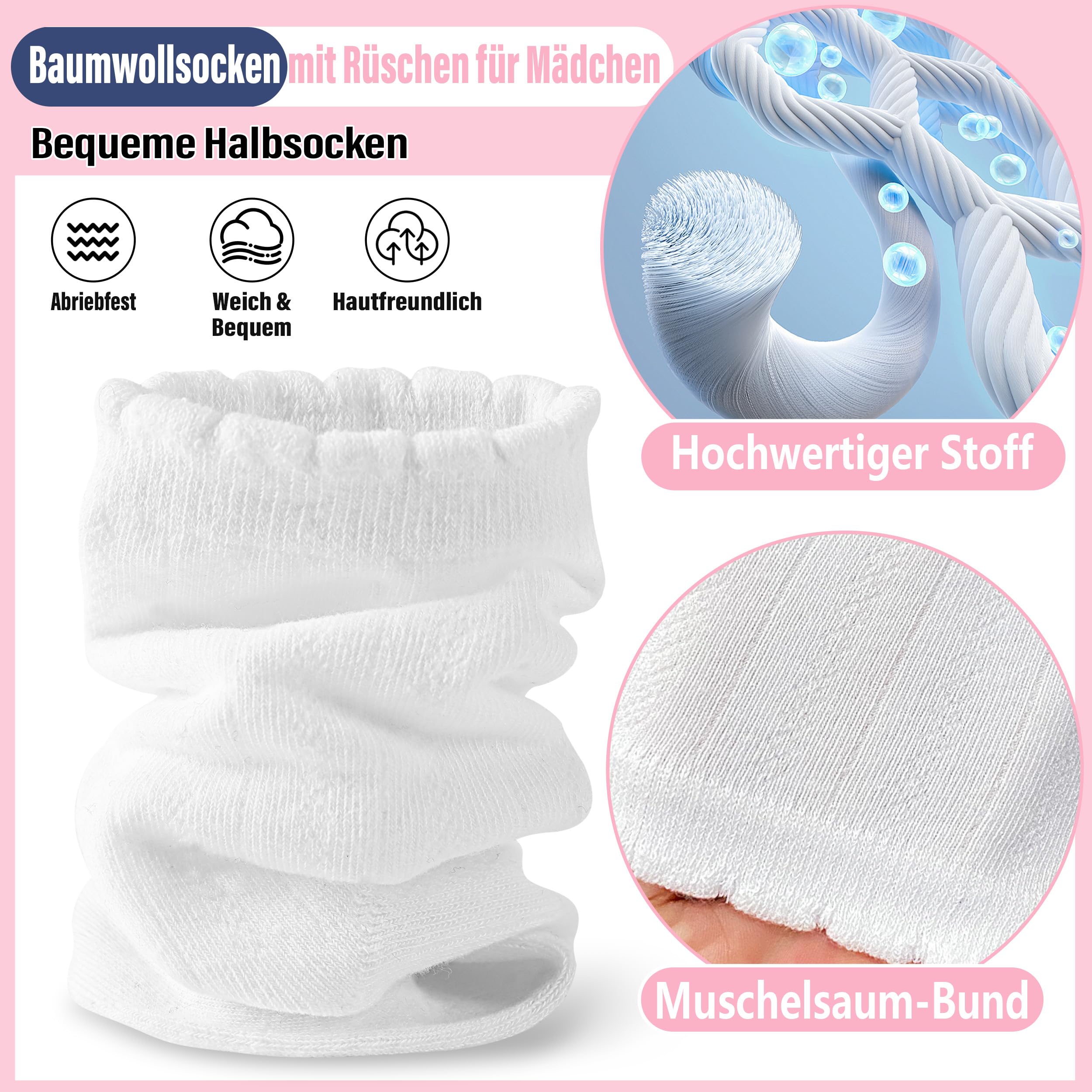 EBMORE Rüschen Kindersocken für Mädchen, Atmungsaktive Baumwolle Socken Kinder 6 Paar, ideal für Schuluniform, Outdoor