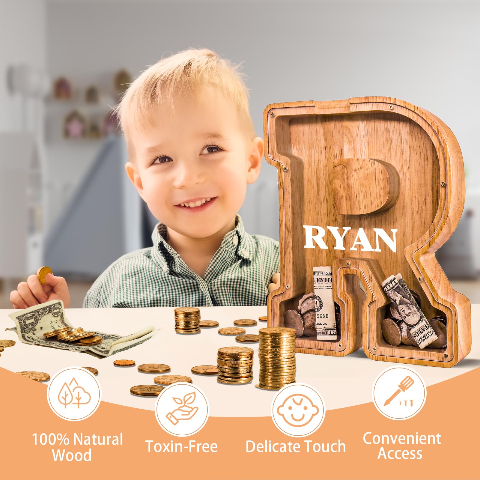 Wooden Letter Piggy Bank for Kids Larger Alphabet Letter Bank for Boys Initial Coin Bank Personalized Piggy Bank Wood Money Save Box for Birthday and Festival-Upgrade 9