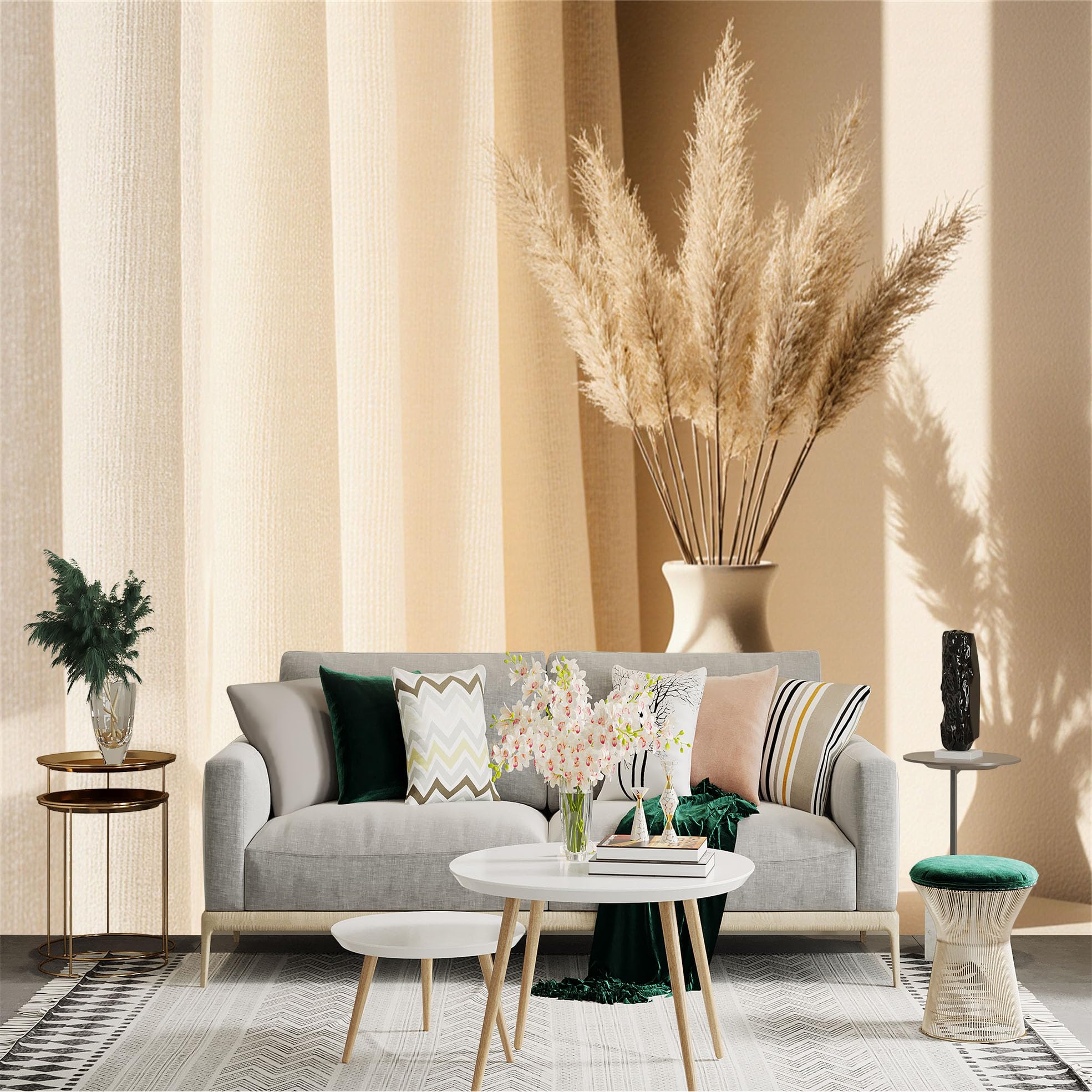 Custom Size Wall Sticker Mural， Dried Fluffy Bouquet in White Vase， Minimalist Neutral Home Decor， Sunlit Warm Aesthetic， for wall Decoration， peelandstick wall Decals.
