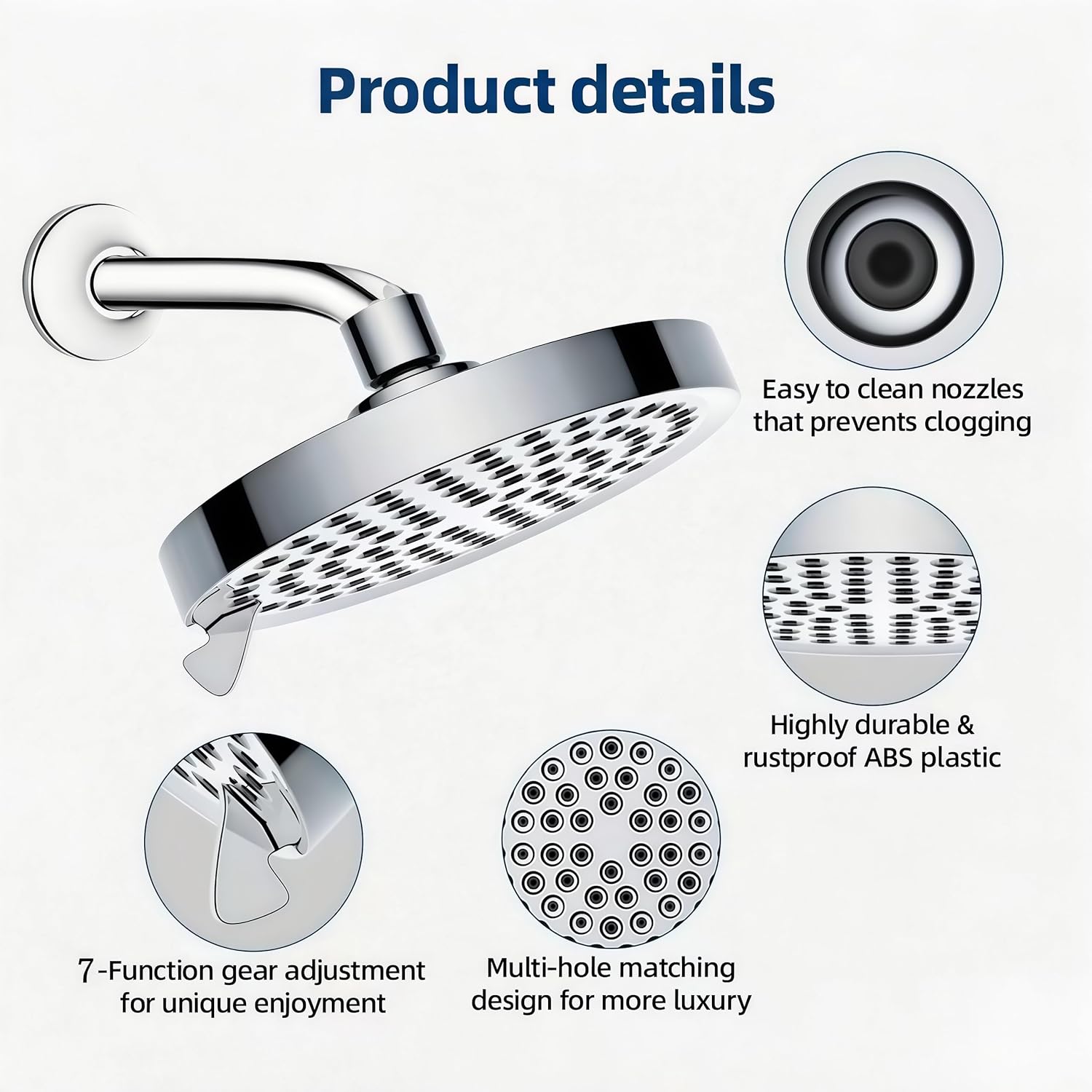 6 Inch 7-Setting High Pressure Fixed Shower Head – Easy Clean, Adjustable Angle, Sturdy, Anti-Leak – Perfect Shower Head Replacement, Tool-Free for Low Pressure Homes/Apartments, Old Pipes, Well Water