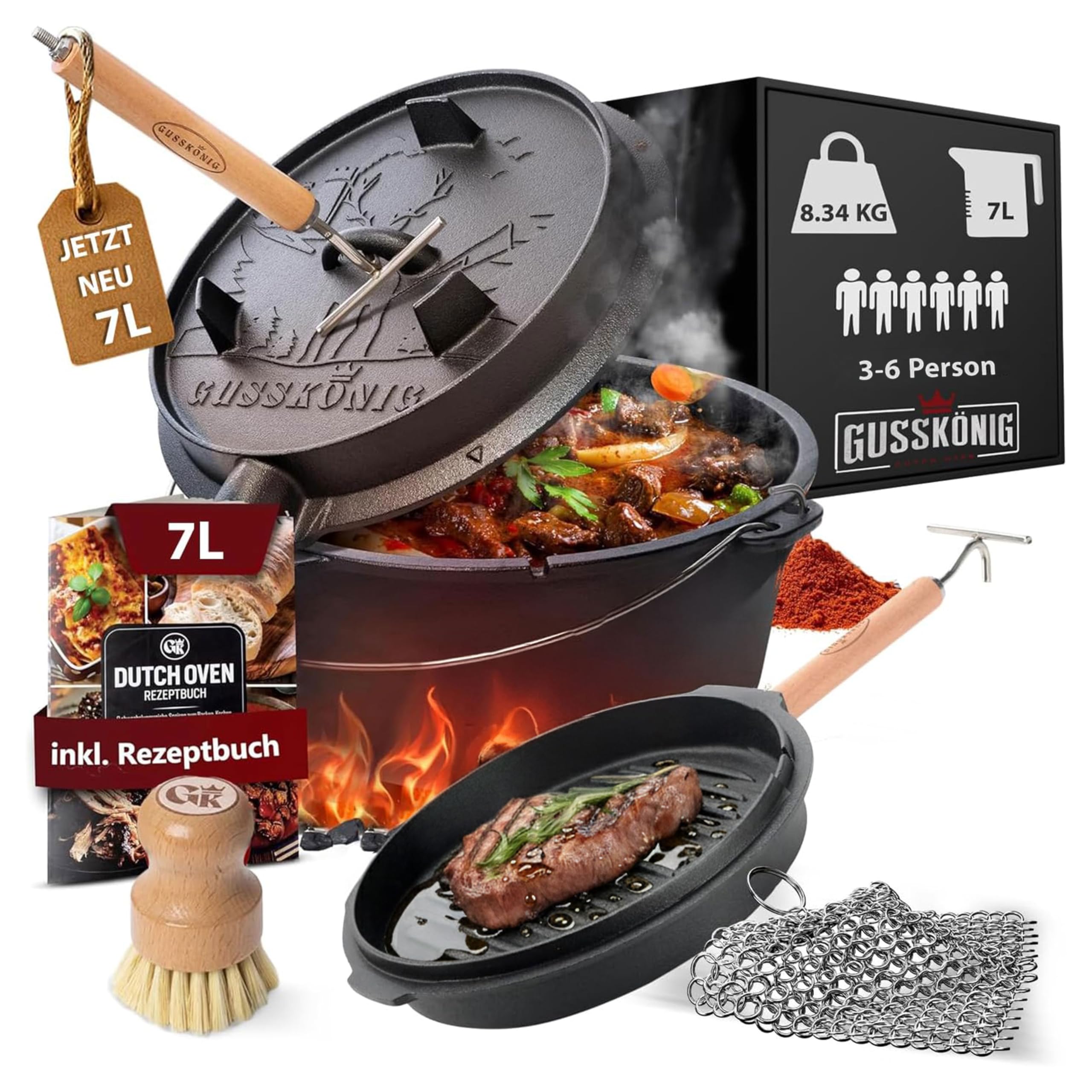 GUSSKÖNIG Dutch Oven Set–Eingebrannter Dutch Oven 7L [3–6 Person]–Feuertopf Gusseisen mit Füßen–Schmortopf Doppelfunktion–inkl. 2in1 Deckelheber,Ringreiniger,Bürste & Rezeptbuch-30 Jahre Garantie