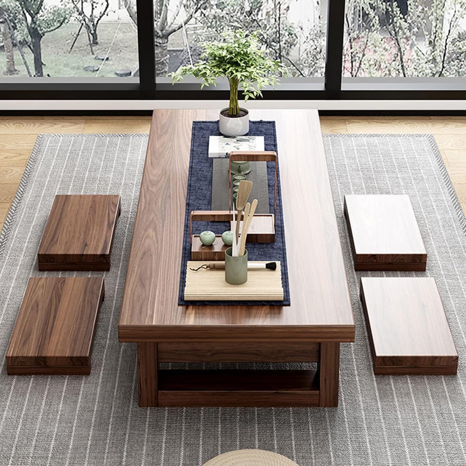 Wooden Coffee Table Japanese Style Low Table Living Room Zen Floating Sitting Table Multifunctional Rectangle Wooden Farmhouse Cocktail Table with 4 Stools (Color : Brown, Size : 100x60x35cm)