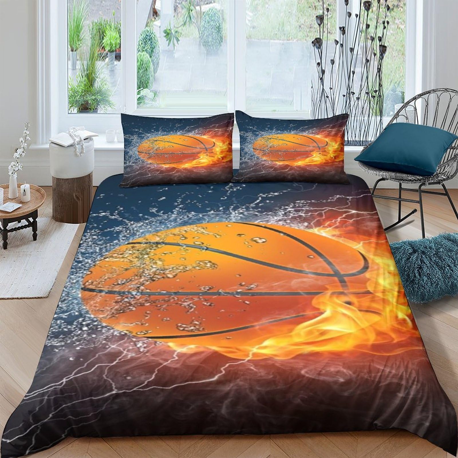 Housse de couette basket-ball feu et glace 220x240 parure lit microfibre ado