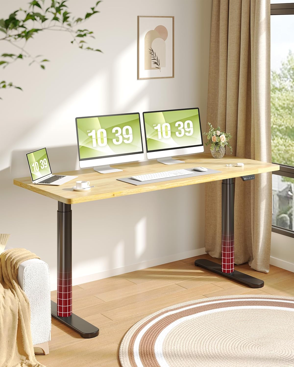 SANODESK Solid Wood Standing Desk with Rounded-Column & One-Piece Desktop - 63"x24" Electric Adjustable Desk for Home Office, Memory Height Control, Black Frame