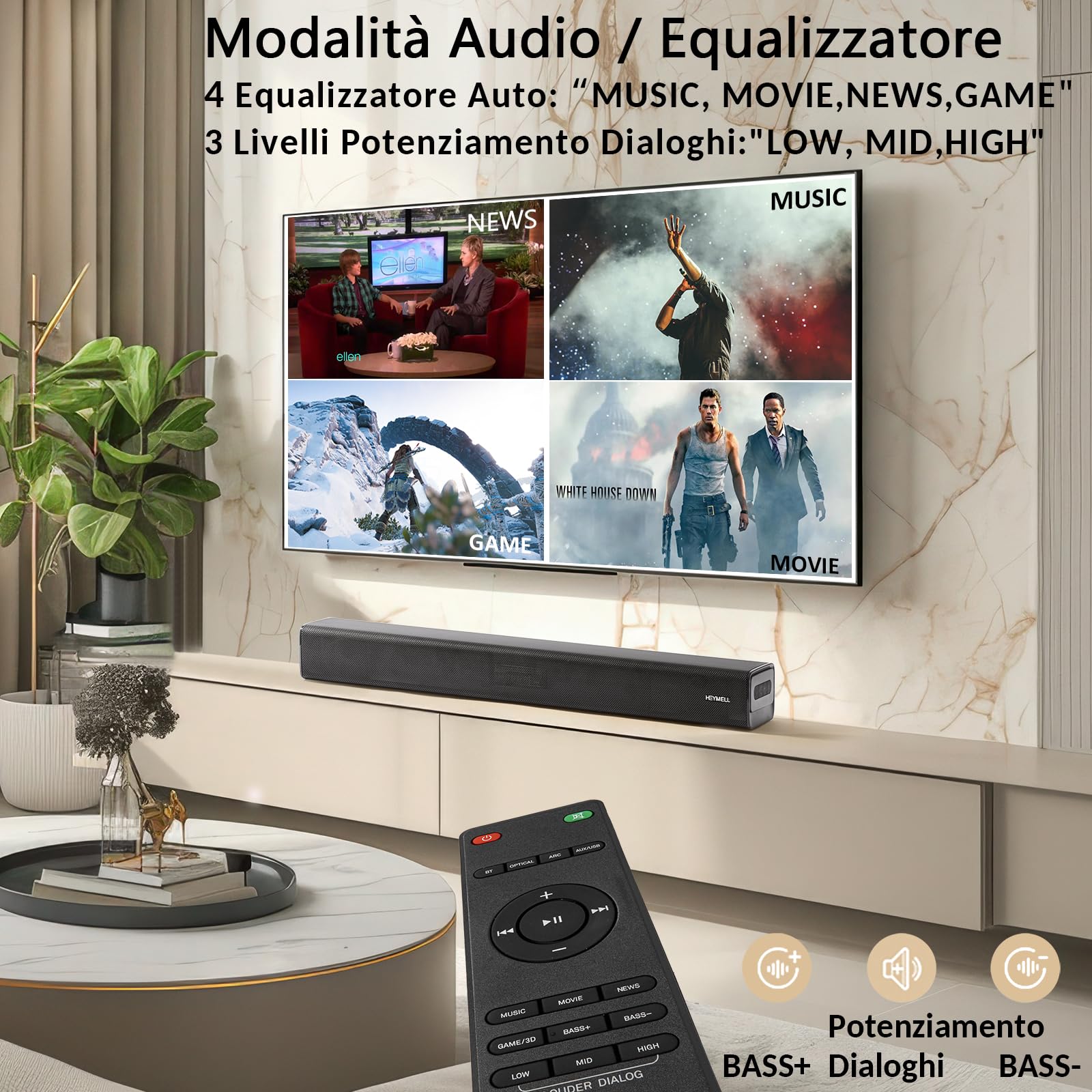 2.1ch Piccolo Soundbar TV Bluetooth/PC/Proiettore Subwoofer Integrato, 120W Sound Bar Casse per TV, Miglioratore Dialogo, HDMI ARC Ottico Aux.