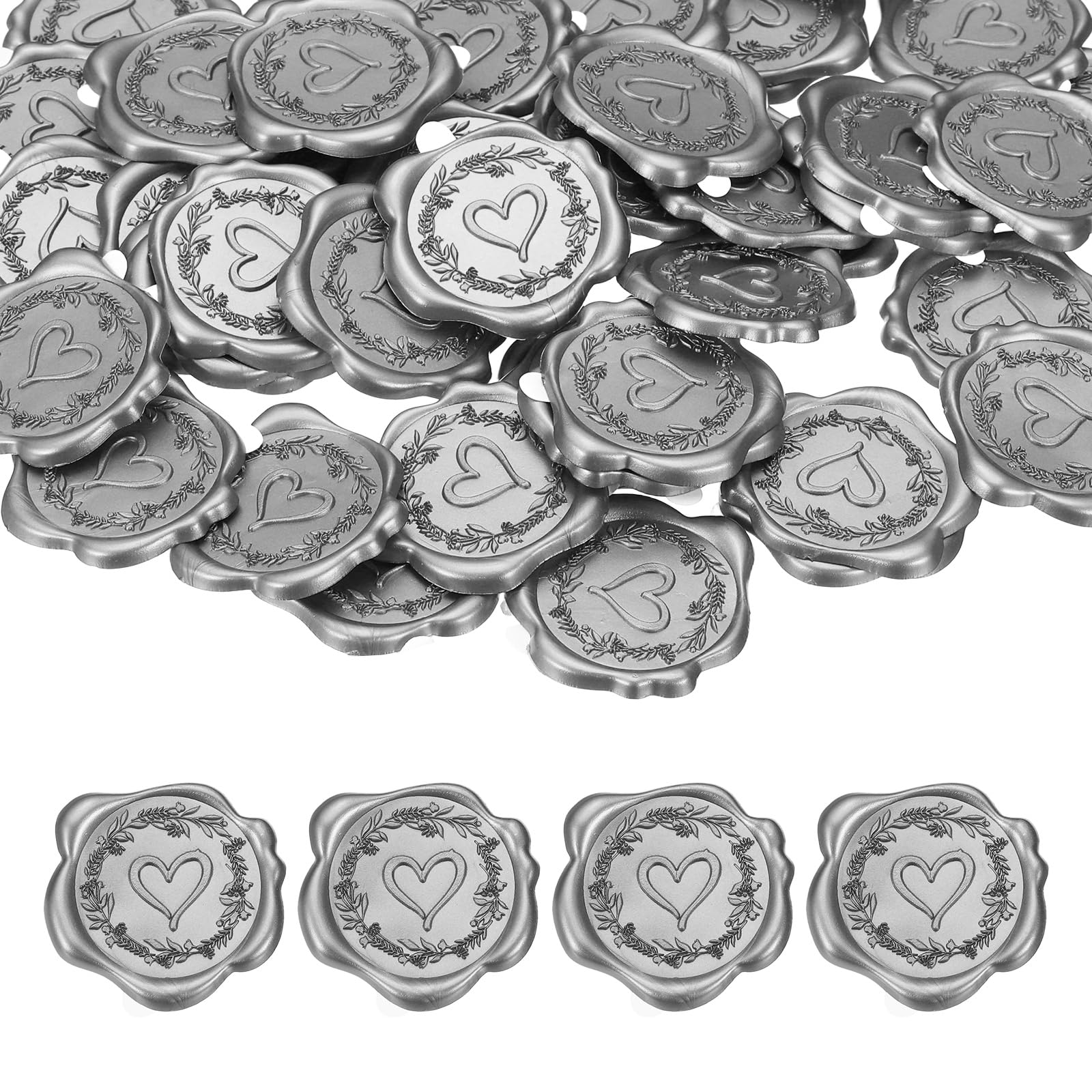 PATIKIL 50Pcs Heart Wax Seal Stickers, Love Embossed Self Adhesive Backed Envelopes Seal Sticker Accessories for Wedding Invitation Letter Birthday Party Gift, Silver