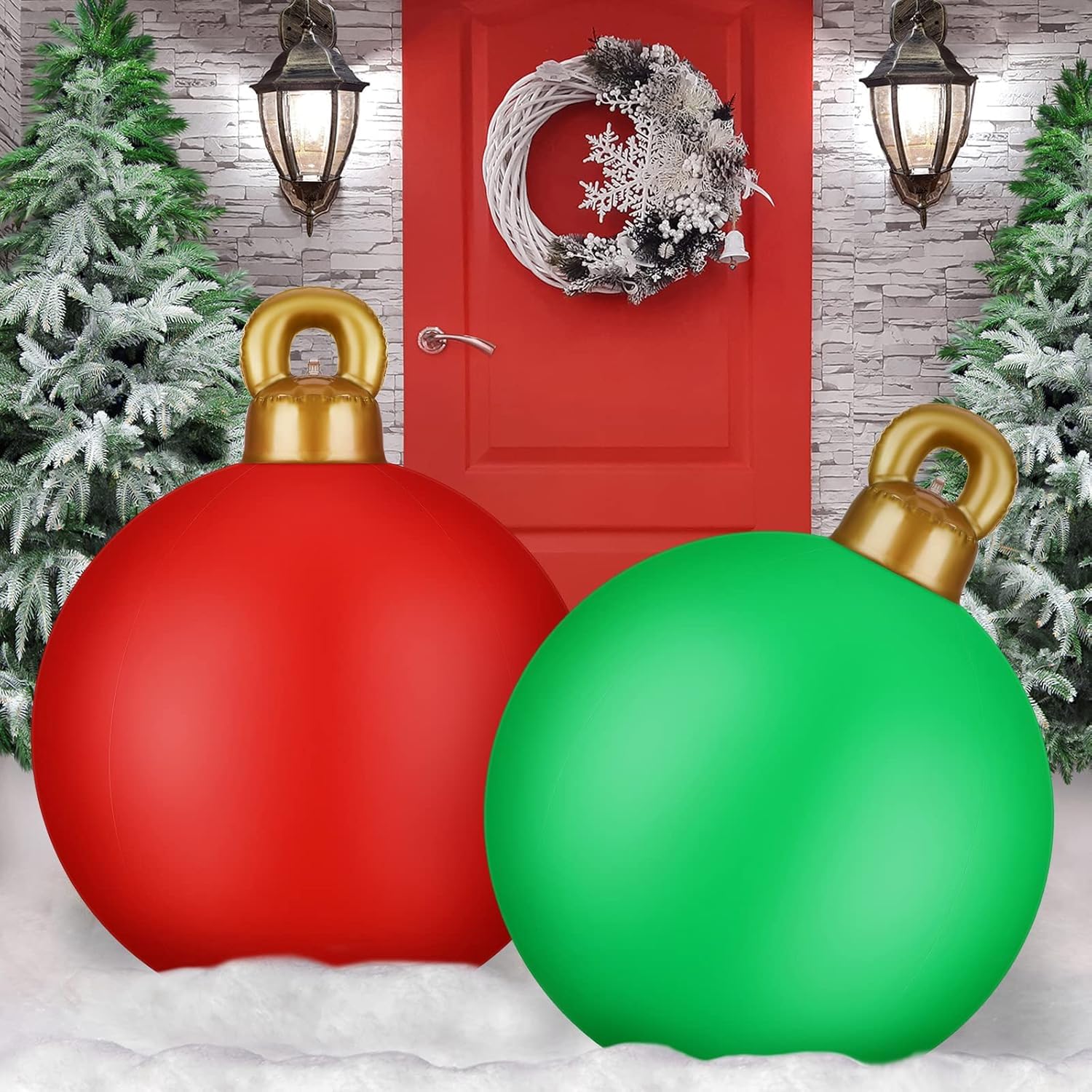KAHEIGN 2 Piezas Bolas Inflables Gigantes de Navidad, 60CM Roja Verde Bola Decorativa Inflable Adorno Navideño de PVC para Navidad Interior Exterior Hogar Jardín Césped Patio Porche Decoración