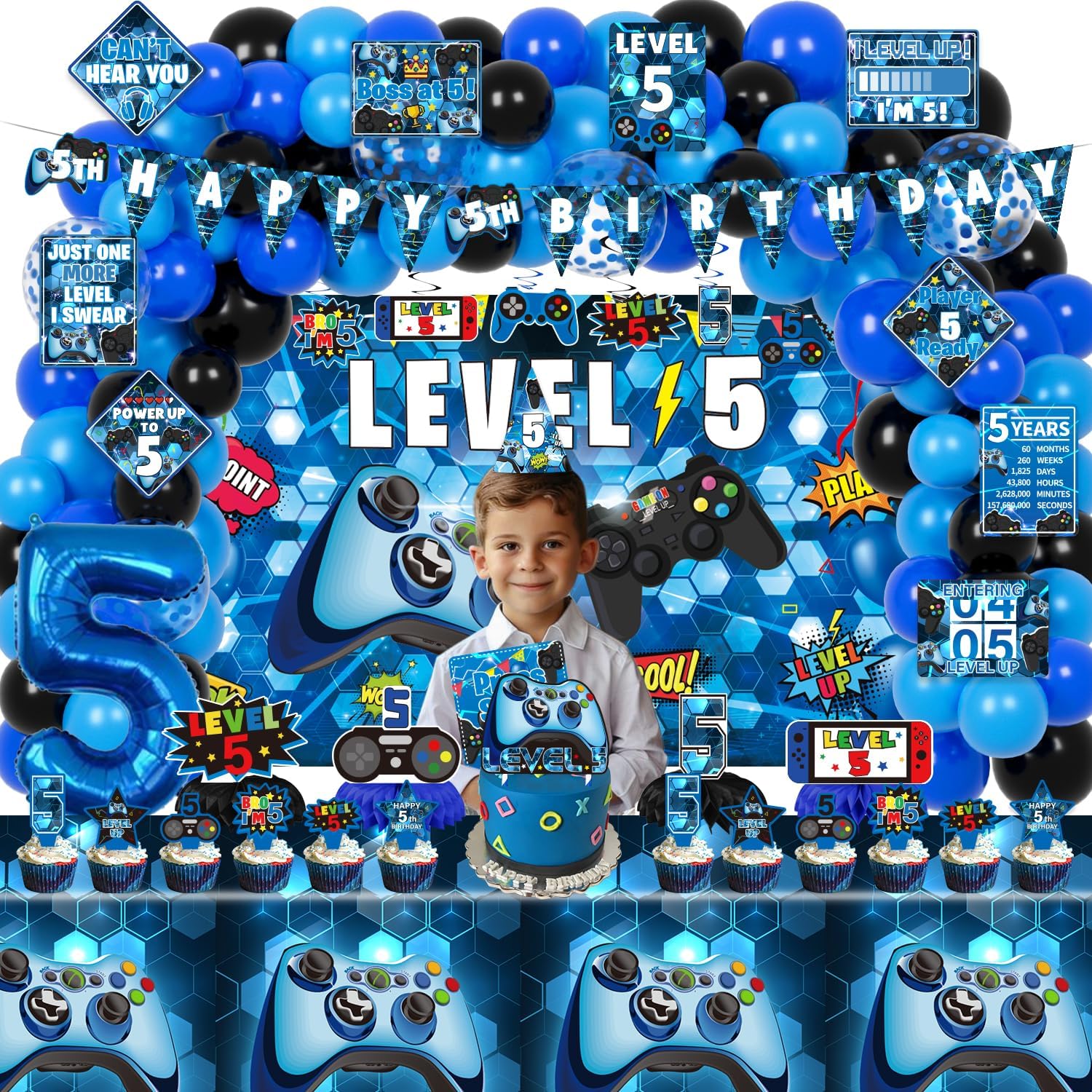 KOTLMIGHT 5th Birthday Decorations for Boys, 149Pcs Blue Video Game level 5 Party Supplies for Boy 5th Birthday - Backdrop, Banner, Balloons, Tablecloth, Centerpieces, Hanging Swirls, Wall Signs