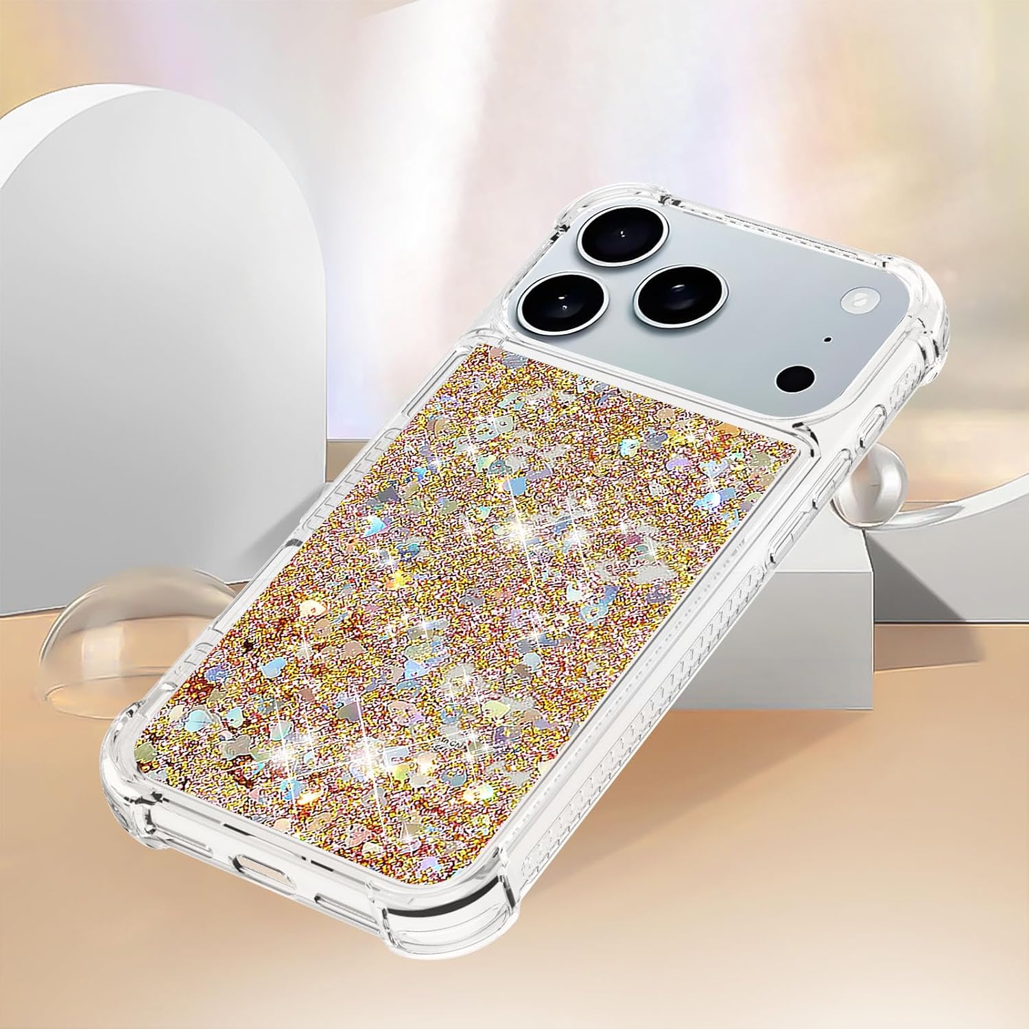 Glitter Case for iPhone 17 Pro Clear Flowing Liquid Quicksand Sparkly Bling Soft TPU Bumper Shockproof Protective Phone Cover for Apple iPhone 17 Pro 6.3 inch. YBL Love Gold - Image 4
