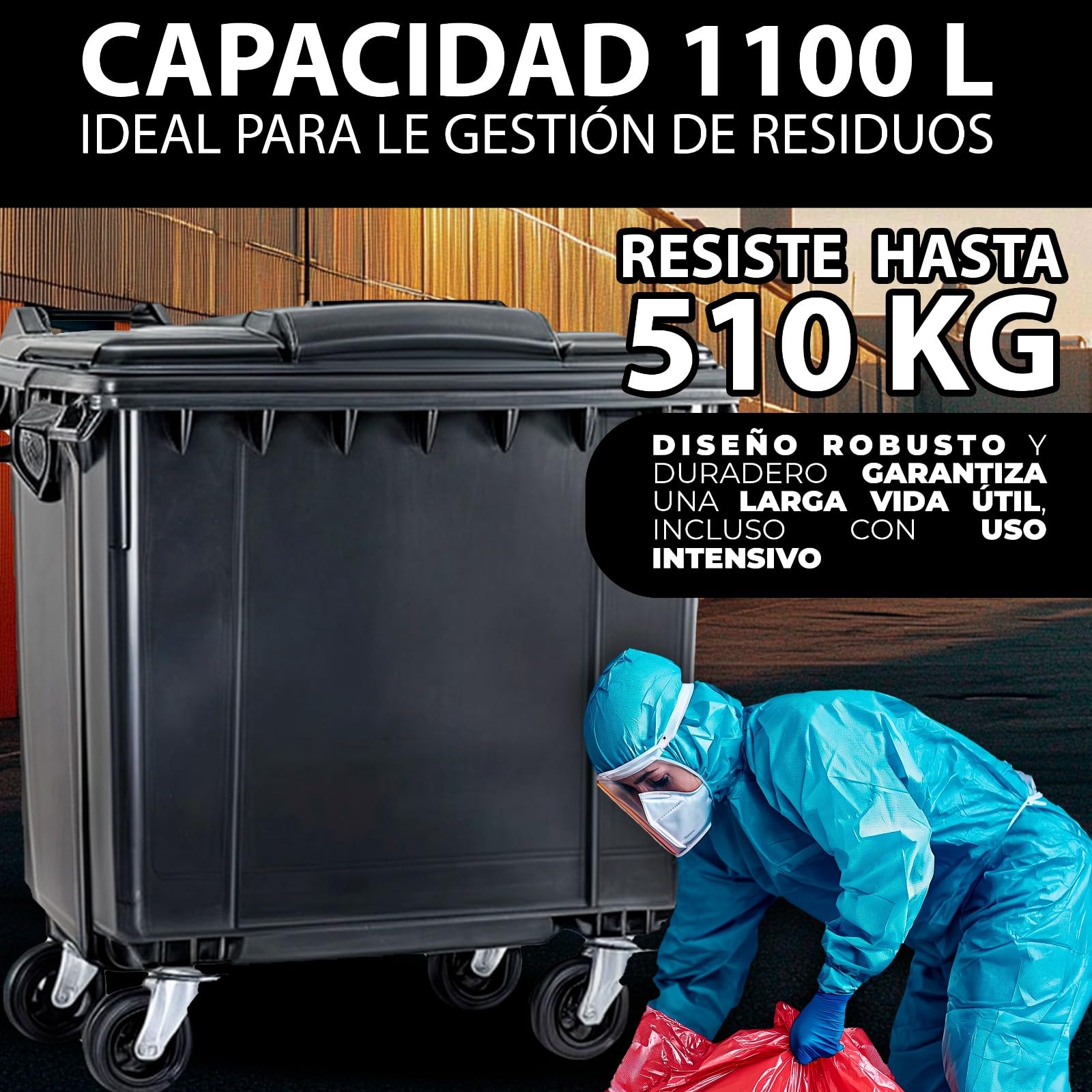 SSI Contenedor de Basura 1100L con Tapa Plana - Ruedas con Freno, Desagüe Inferior, Cumple Normativa EN-840, Ideal para Grandes Volúmenes de Residuos y Reciclaje en Exteriores (Antracita, 1100 litros)