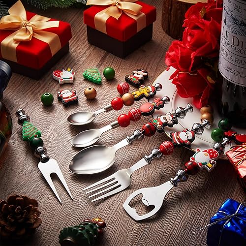 Miniatura 5 de Juego de 12 juegos de cuchara de Navidad con cuentas, tenedor, artículos de cocina, cubiertos de Navidad, cuchara de postre para fiesta de Navidad