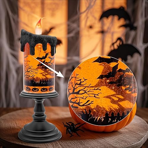 Miniatura 5 de Vela sin llama de globo de nieve de Halloween, linterna iluminada con purpurina con agua giratoria y temporizador, decoración de Halloween con