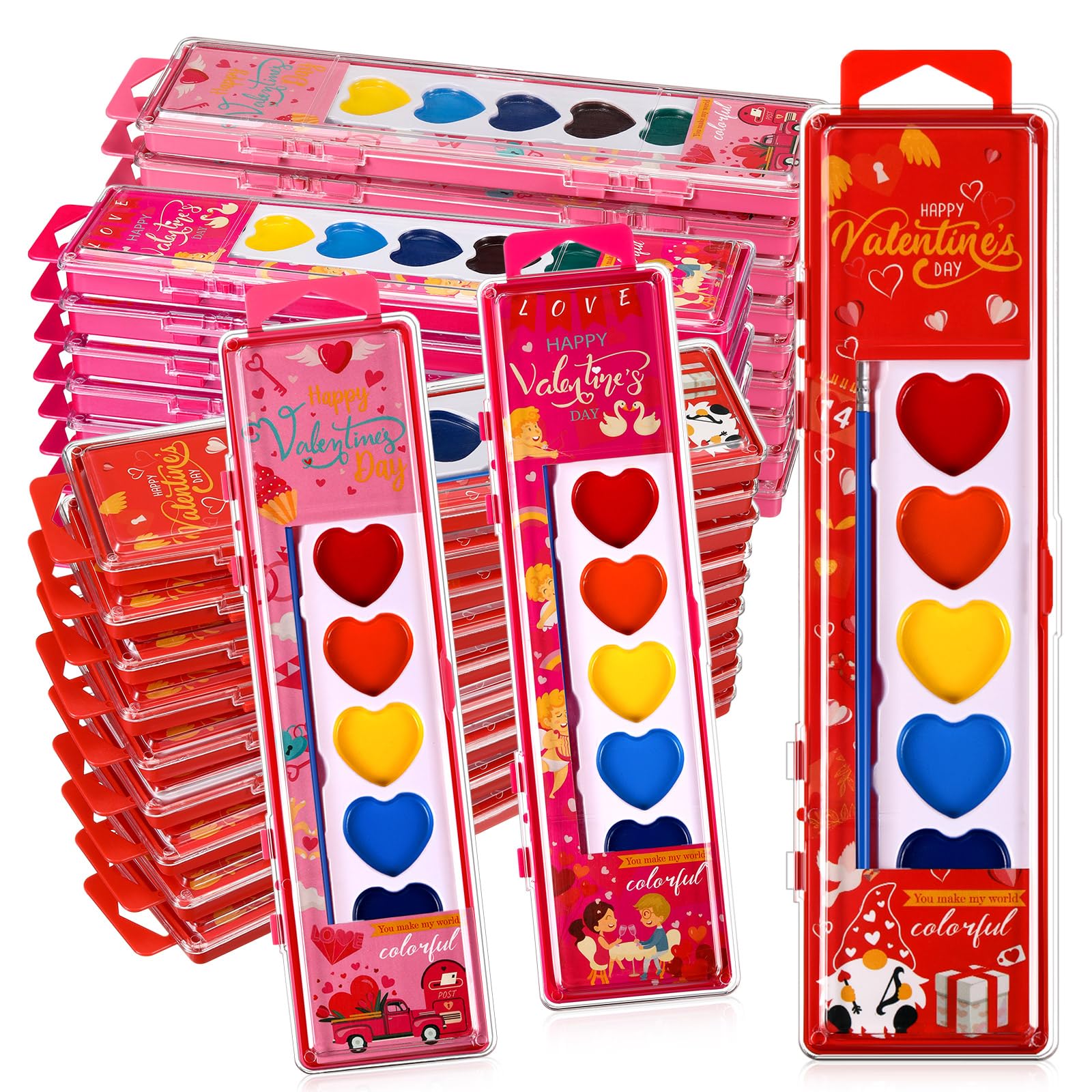 Watersay Set di 48 colori ad acquerello a forma di cuore di San Valentino, 8 colori lavabili con pennelli, kit per pittura ad acqua, bomboniere, regali di San Valentino, kit per pittura per adulti