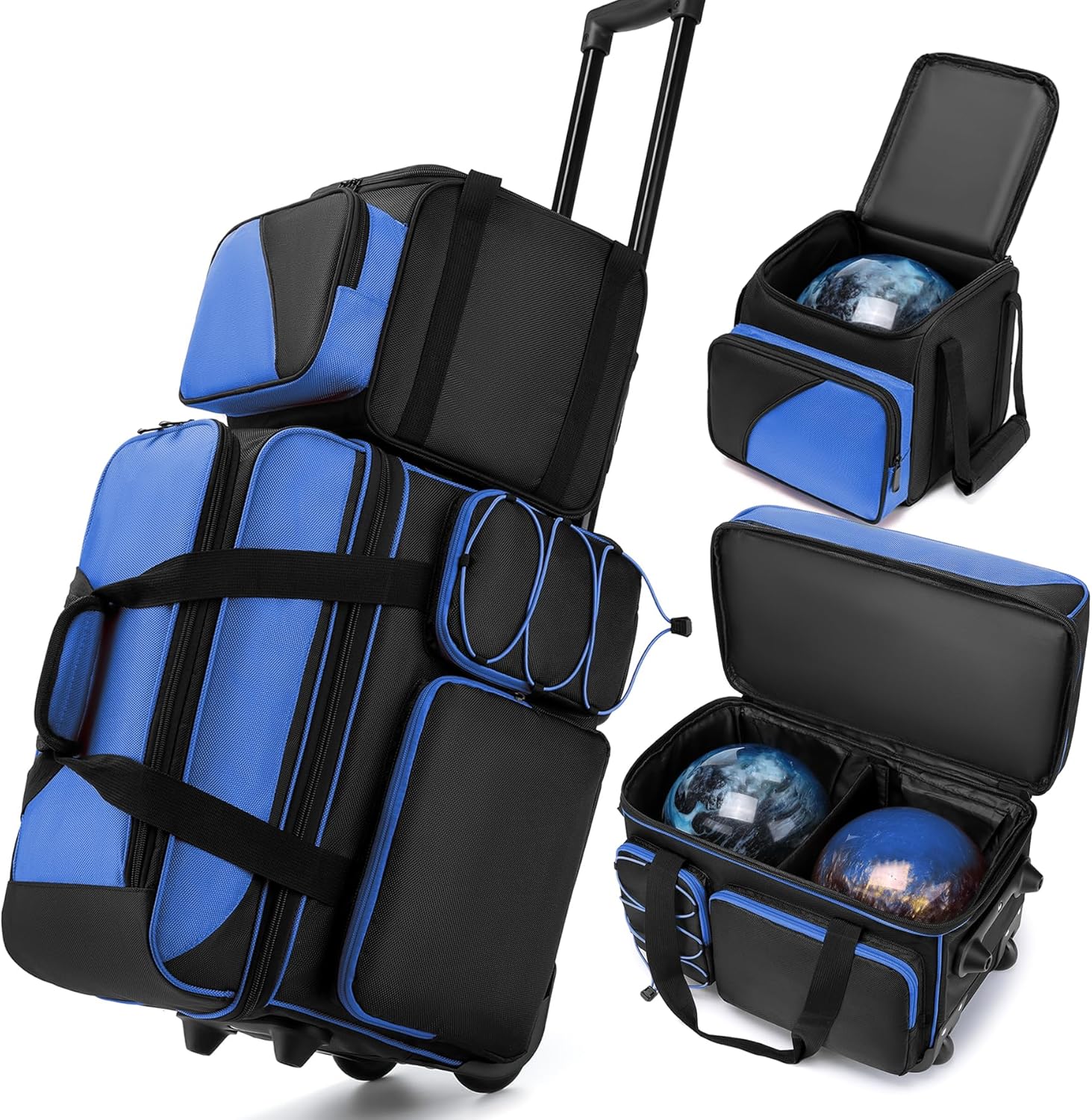 3 Ball Bowling Bags with Wheels, Bowlig Roller Bag for 3 Ball with Separate Shoe Compartment and Retractable Handle, 2 Ball Bowling Roller Bag + 1 Ball Color Matching Add On Tote (Blue-Black)