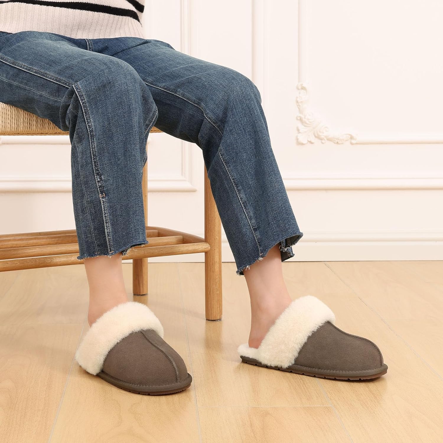 KIDMI 100% Genuine Leather Slippers for Women Fuzzy Winter Scuff House Shoes Cozy Warm Slip on Bedroom Slippers Indoor Outdoor - Image 2