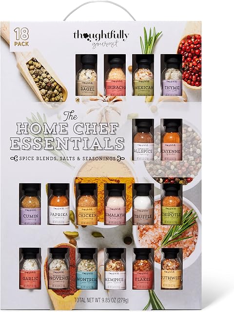 Thoughtfully Gourmet, Culinary Starter Kit Seasoning Gift Set, Includes a Wide Variety of Spice Blends, Salts, Seasonings and Rubs for Smoking and Grilling Packaged in Glass Bottles, Pack of 18