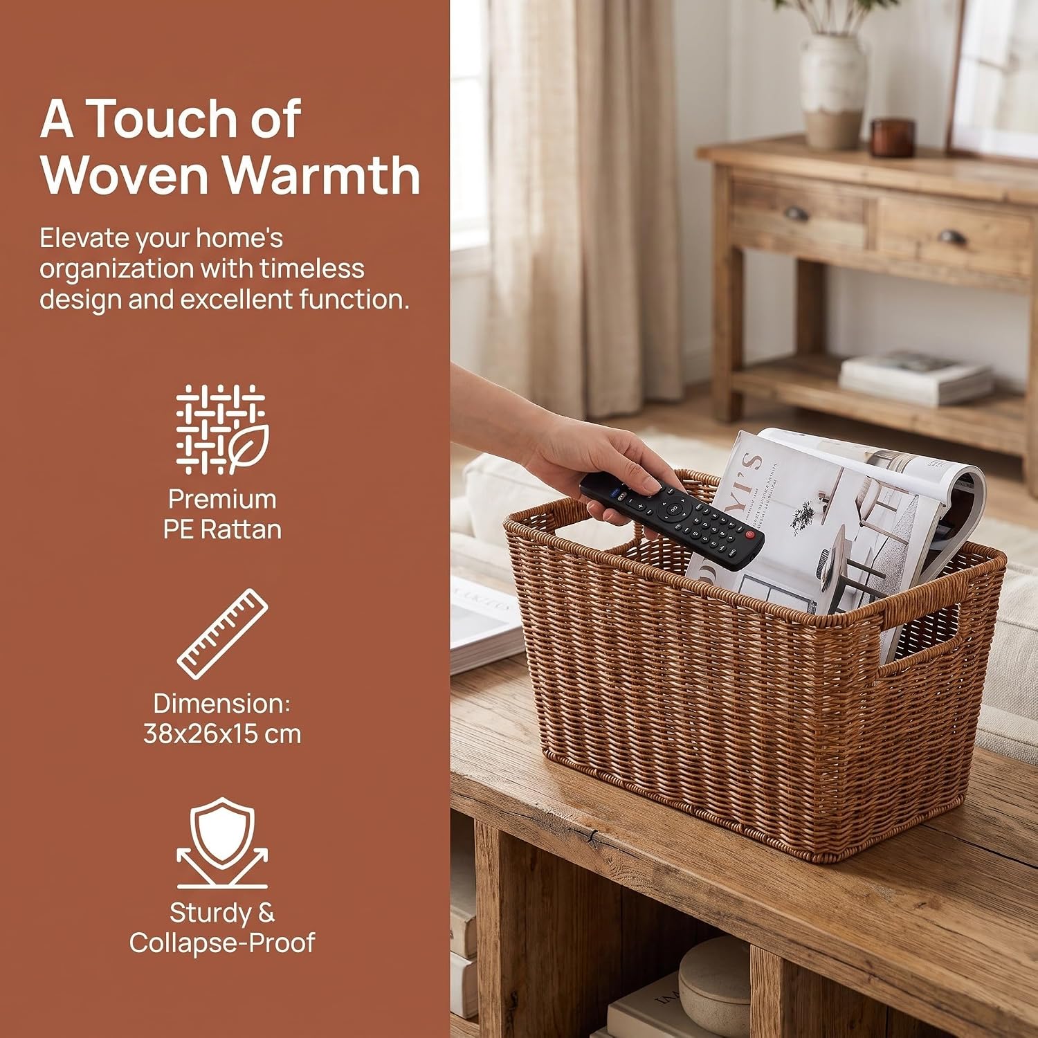 Rattan Magazine Storage Basket with Handles, Rectangular Brown Bin