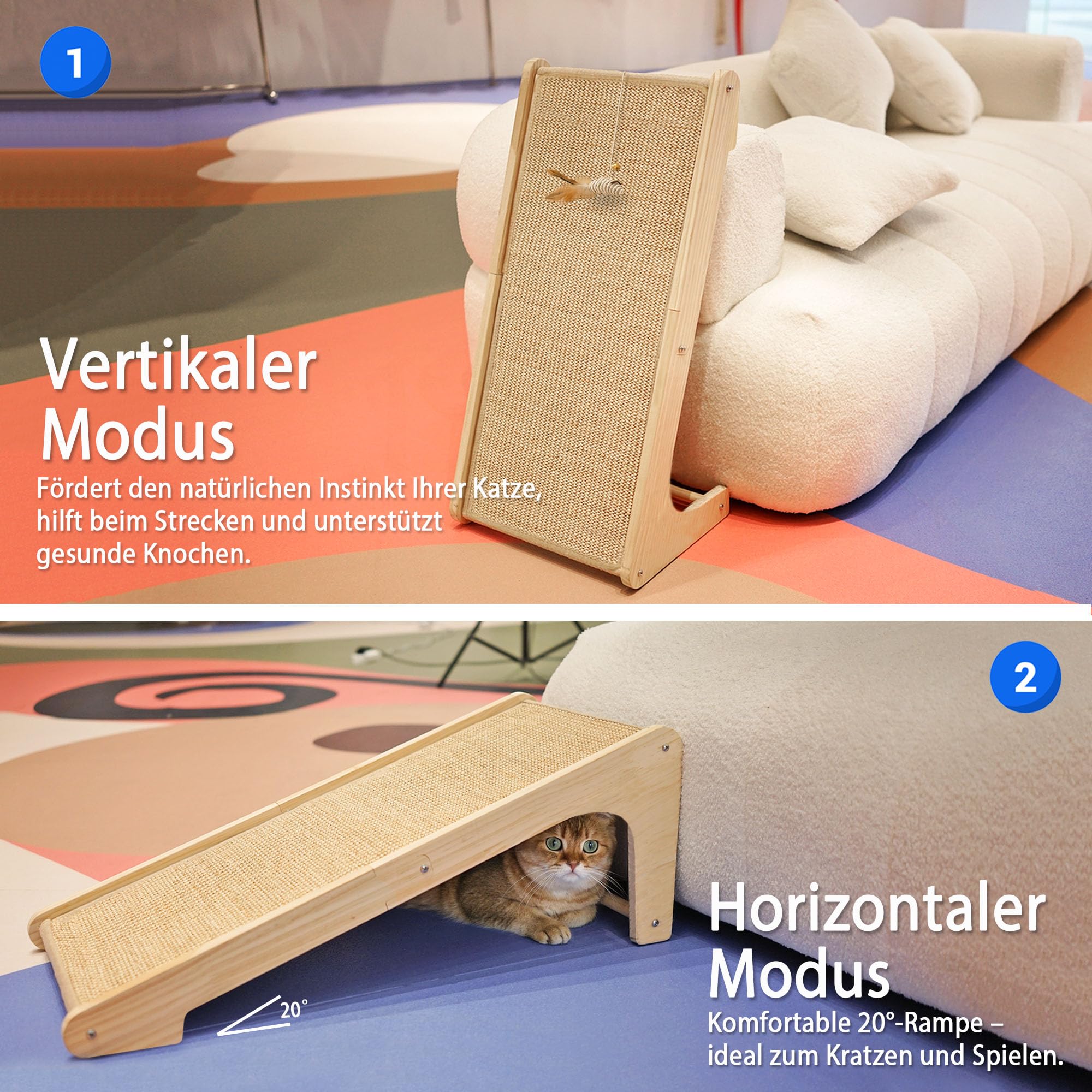 PETKARAY Dual-Use Kratzbrett Katze, 68 cm Hohe L-förmiger Sisal Kratzsäule, Kratzpads für Katzen, Katzenkratzbrett für Wand und Ecke (Mit Katzenminze, Mausspielzeug)