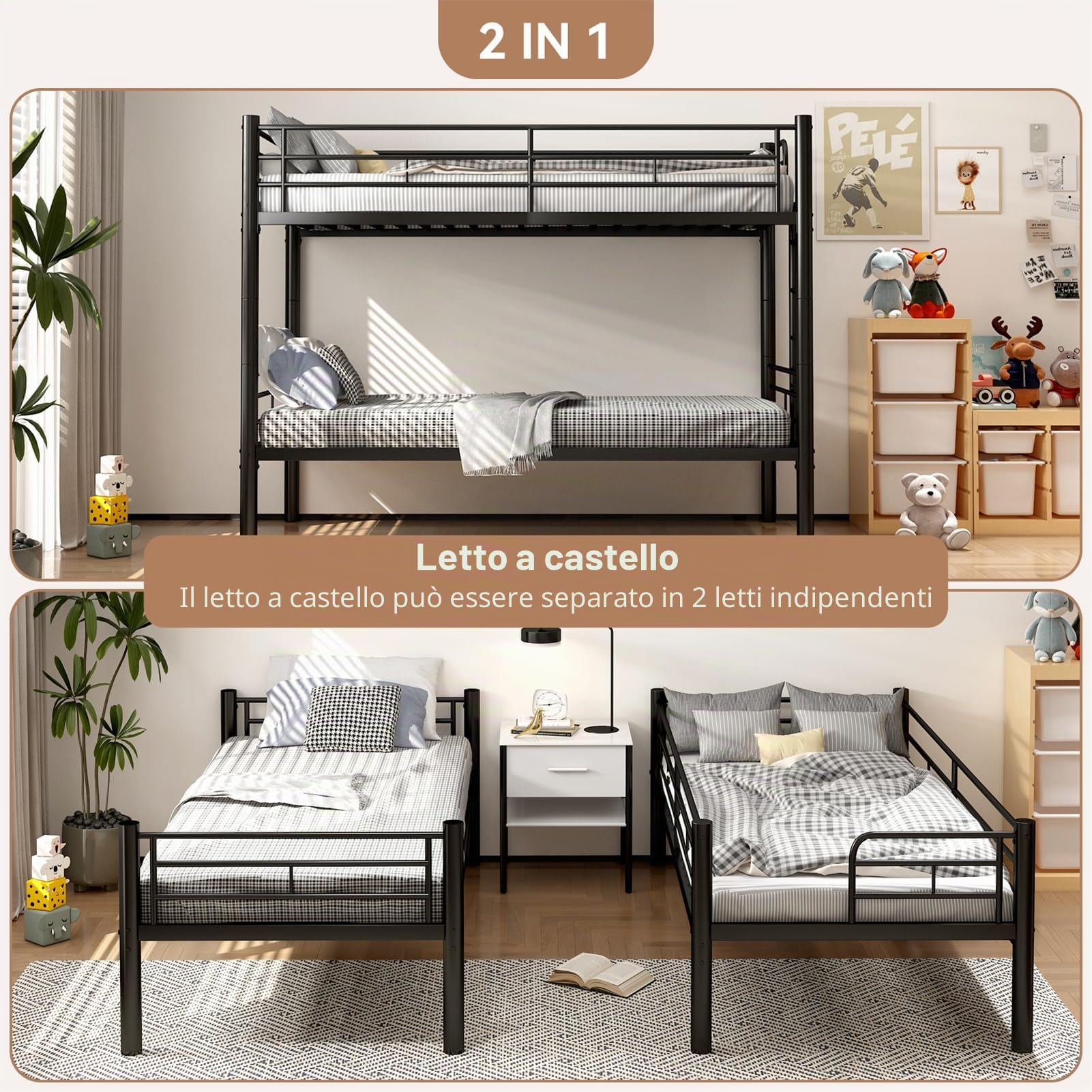 Letto a Castello per Adulti 90 X 200 cm, Letti a Castello Metallo Convertibile in 2 Letti Singoli, Letto a Castello per Bambini con Sicurezza Parapetto & Scala Antiscivolo, Stabile e Durevole (Nero)