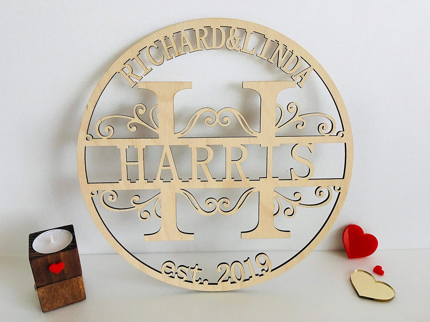 Custom Wood Family Last Name Sign Wooden Wedding Gift Initial Split Letter Laser Cut First Names Est Year Established Date Personalized Monogram Home Decor Front Door Hanger Wreath Housewarming Gift