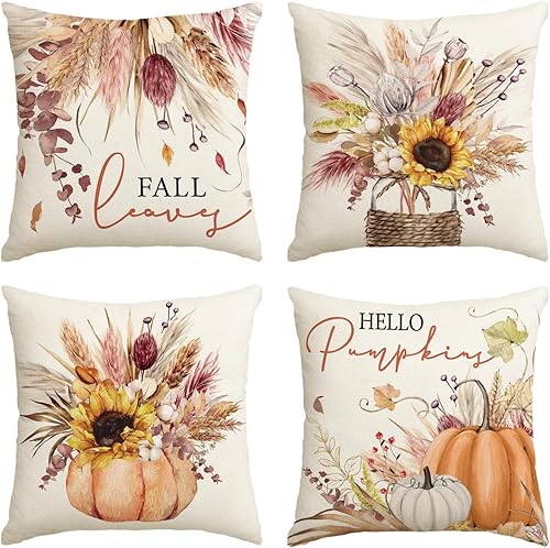 AVOIN colorlife Juego de 4 fundas de almohada otoñales de algodón con diseño de calabaza y trigo con girasol, 12 x 20 pulgadas, color naranja