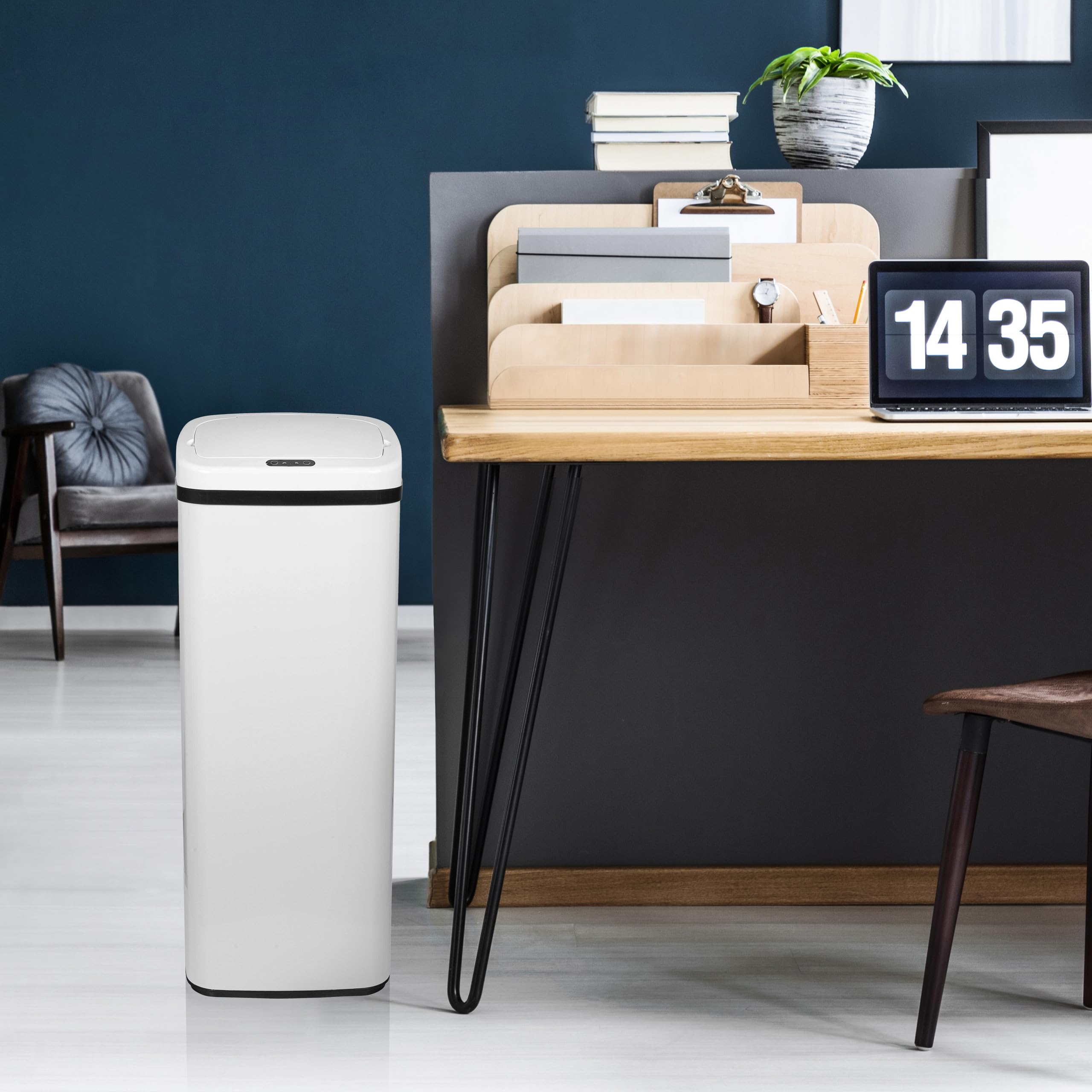 hjh OFFICE 830047 Poubelle avec capteur 50L CLEAN V acier blanc Poubelle automatique avec indicateur LED, haute