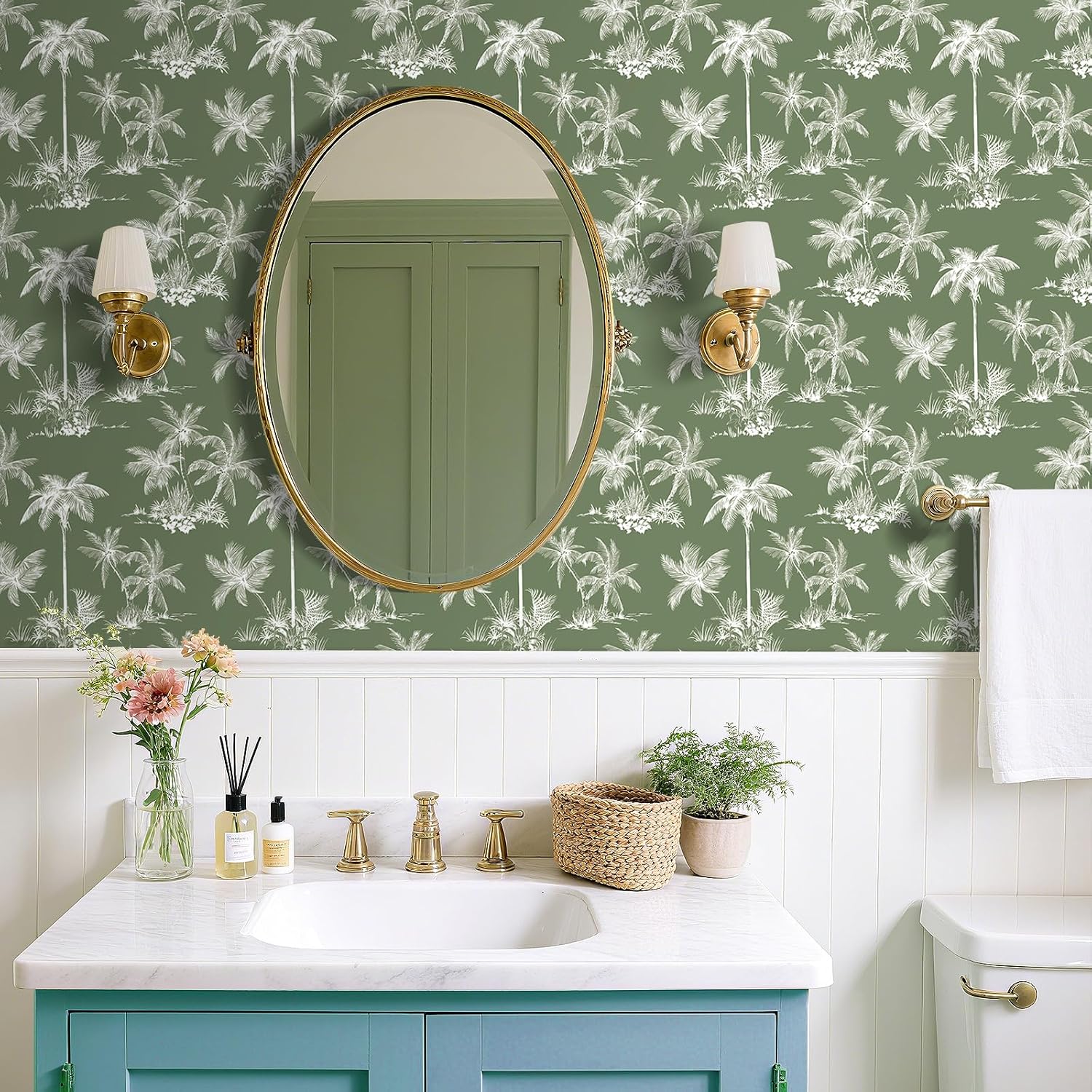 ReWallpaper 17.5in x 23ft Palm Tree Wallpaper Green Tropical Peel and Stick Wallpaper Waterproof Botanical Self Adhesive Wall Mural Jungle Leaf Accent Wall Decor for Living Room Bedroom Laundry Room