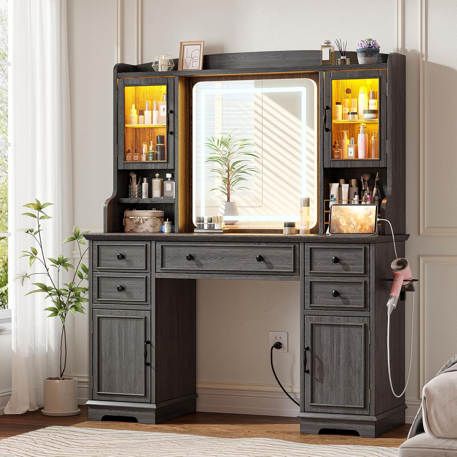 EnHomee Vanity Desk with Mirror and Lights, 43" Black Makeup Vanity Desk with 5 Drawers & 2 RGB Glass Cabinets, Adjustable 3 LED Lights for Bedroom, Farmhouse Dressing Table for Women