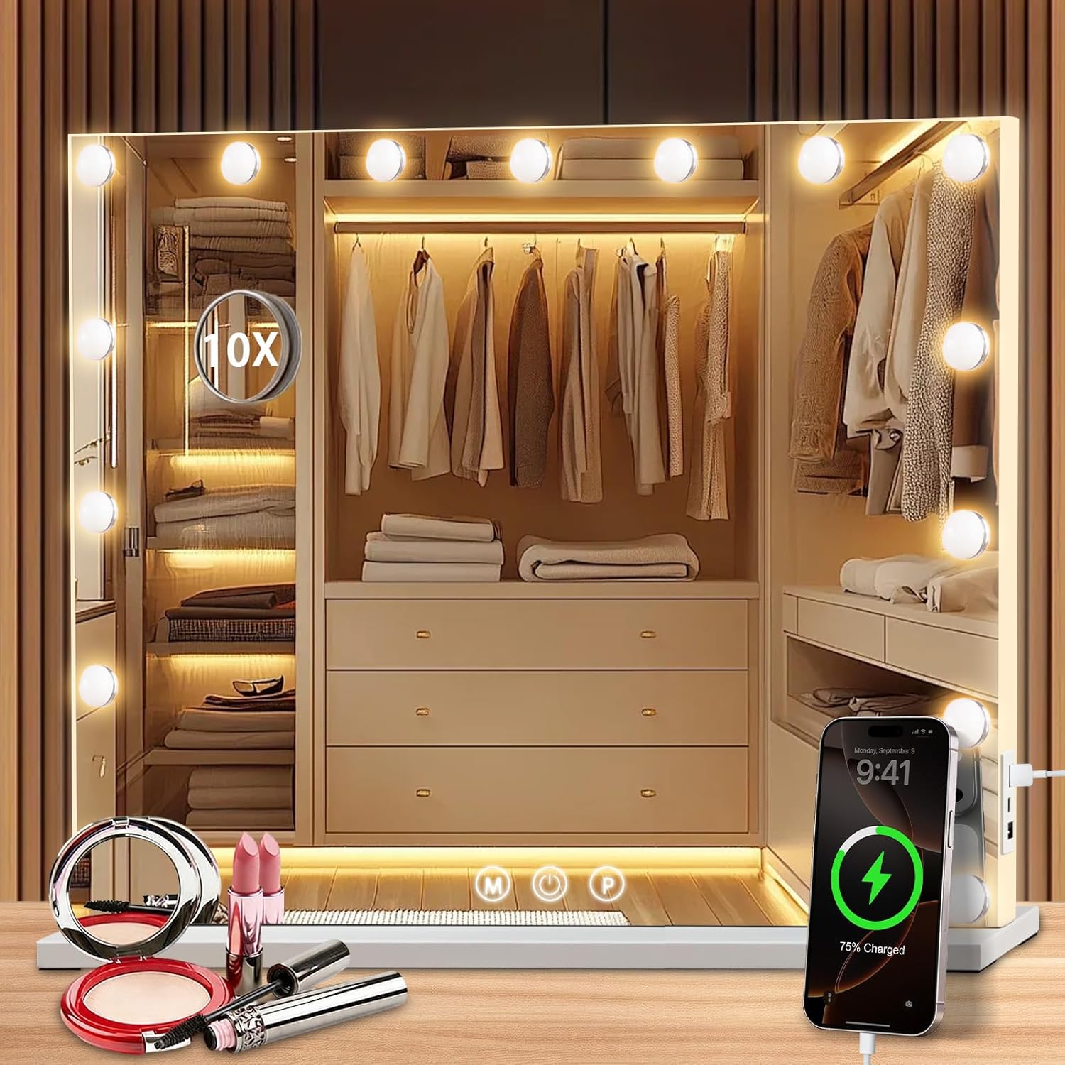 Hollywood Mirror, 15 Dimmable Bulbs,（23" x 18"）