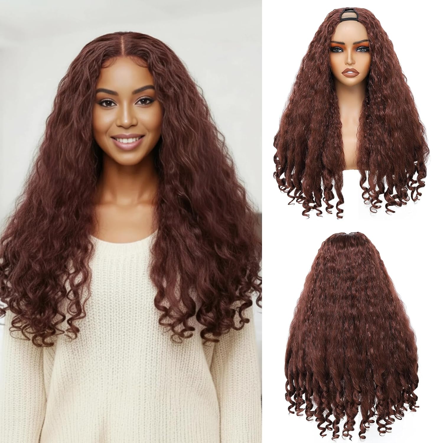 Afro Curly V Part Wig for Black Women Synthetic Braided Hair Texture with Unique Bouncy Curls in the End Soft Curly Blowout 4c Hair Style Reddish Brown Color 24 Inch (#33L)