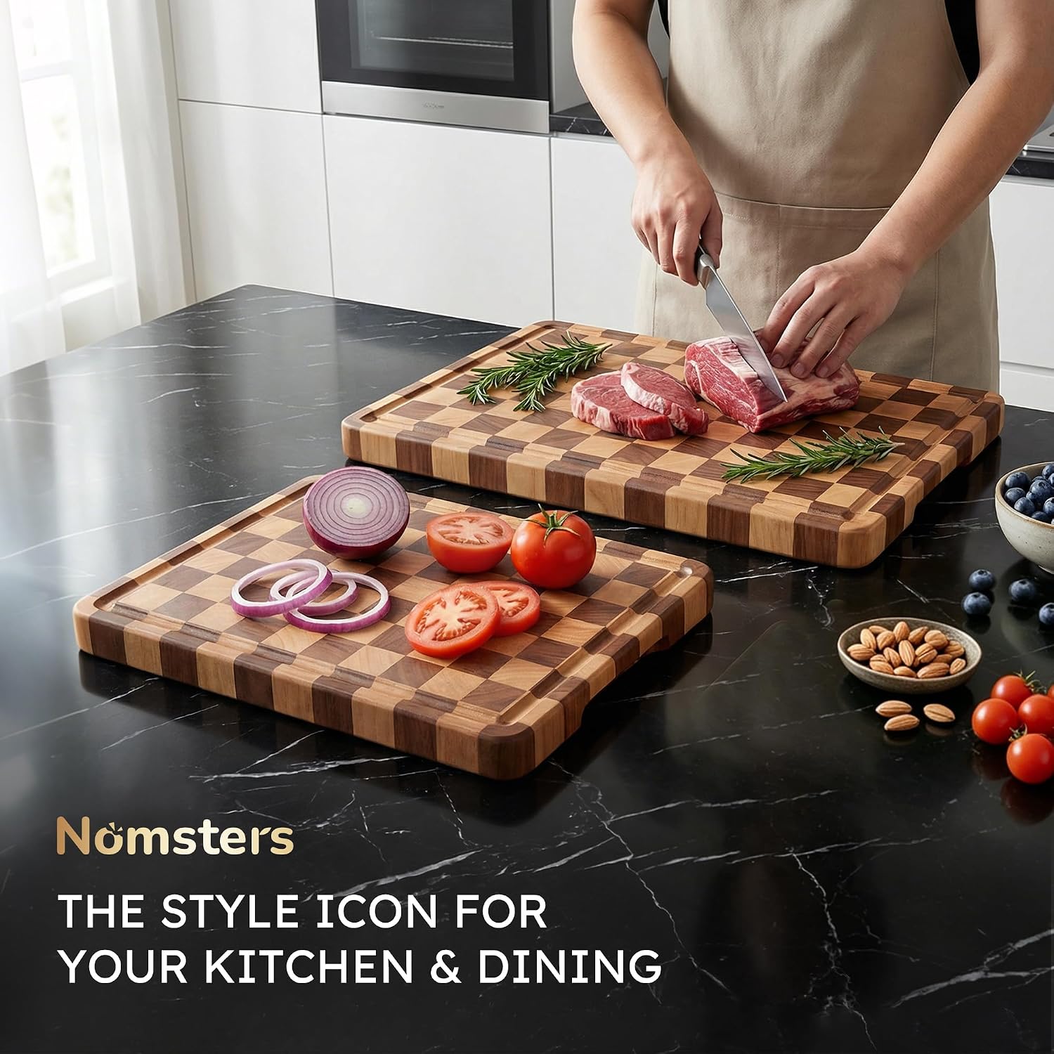 2 Packs Cutting Boards for Kitchen Checkered Cutting Board Acacia Wood Charcuterie Board Serving Heavy Duty Non Toxic Slip Over Sink Butcher Block Meat Best Kitchen Essential Gift