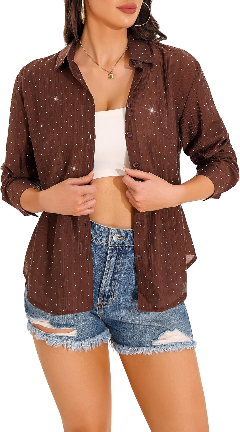 GUANYY Women's Sheer Button Down Shirt Rhinestone Sparkly Mesh Chiffon Blouse Long Sleeve Casual Top - Image 9