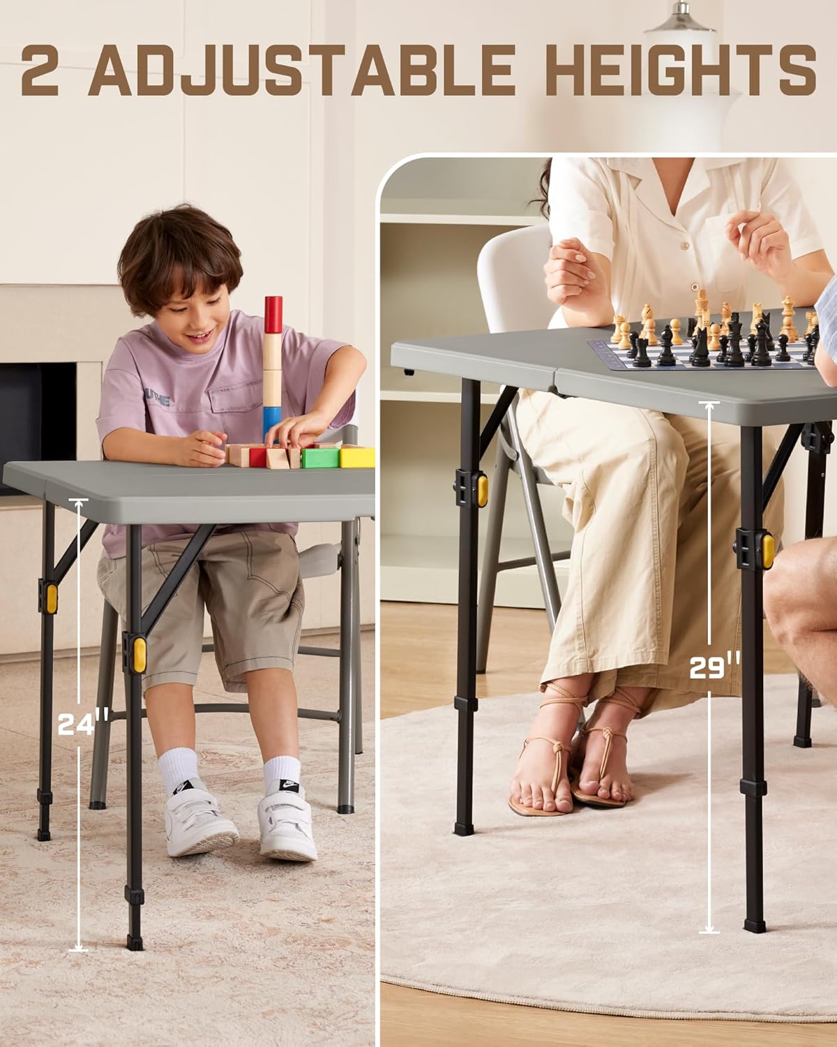 FanttikOutdoor 34" Square Folding Card Table, Two Heights Adjustable, Max Load 200 lbs, Portable Table with Lock Button, for Indoor/Outdoor, Home, Parties, Picnics, Puzzle, Grey Zeta S4 Pro