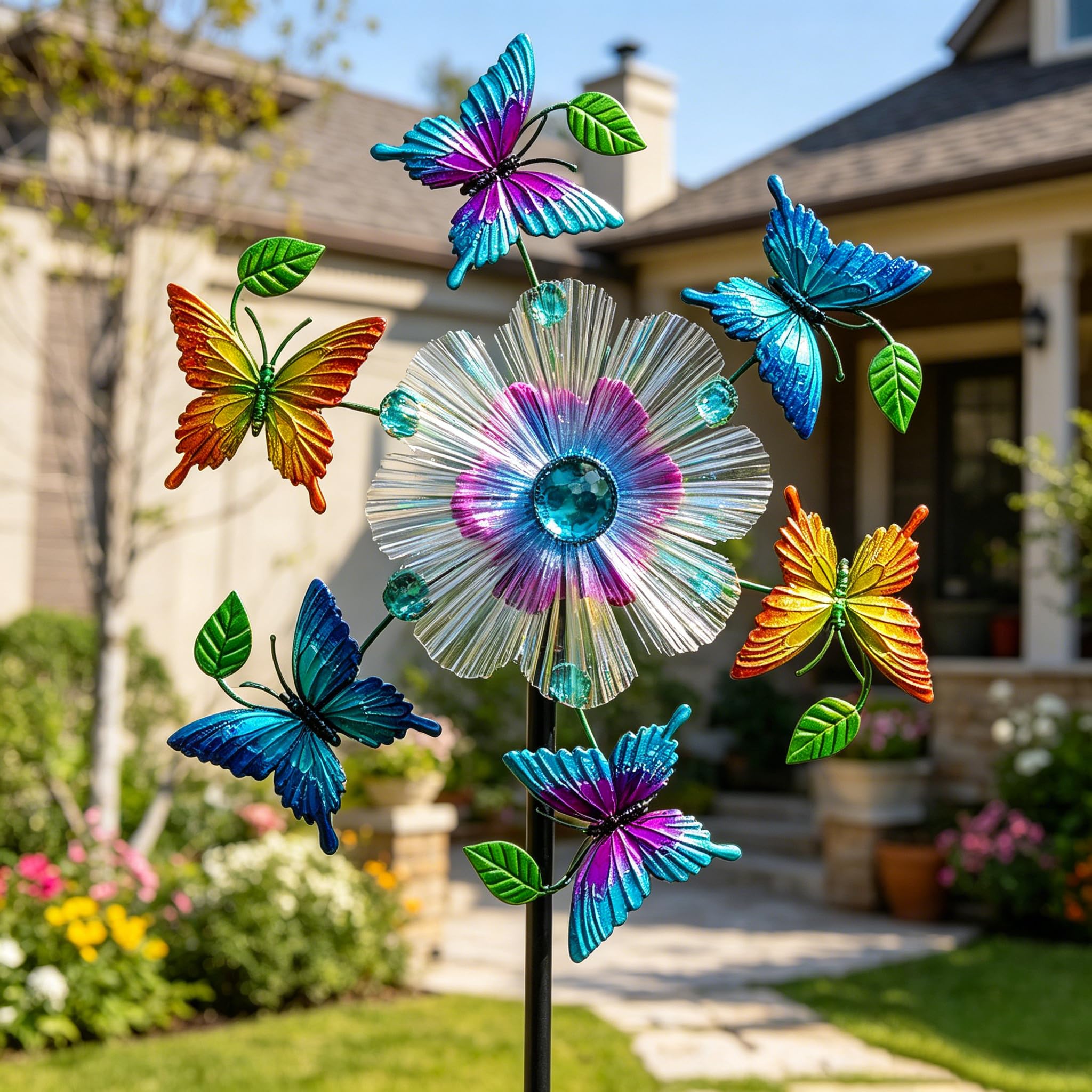 Girandole a vento da giardino a forma di farfalla, 111,8 cm, in metallo, con paletti cinetici, decorazioni artistiche per patio, prato e giardino