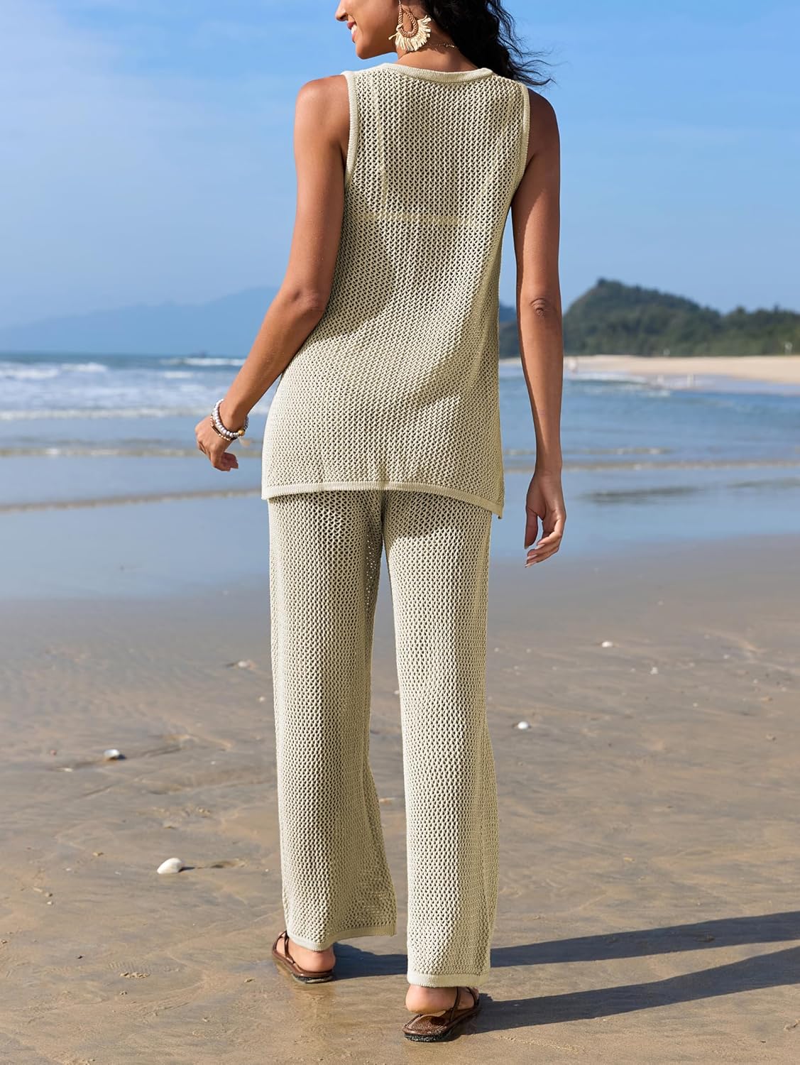 Famulily Womens 2 Piece Crochet Knit Outfits Summer Hollow Out Cover Up Sets Sleeveless Deep V Neck Top and Wide Leg Pants - Image 4