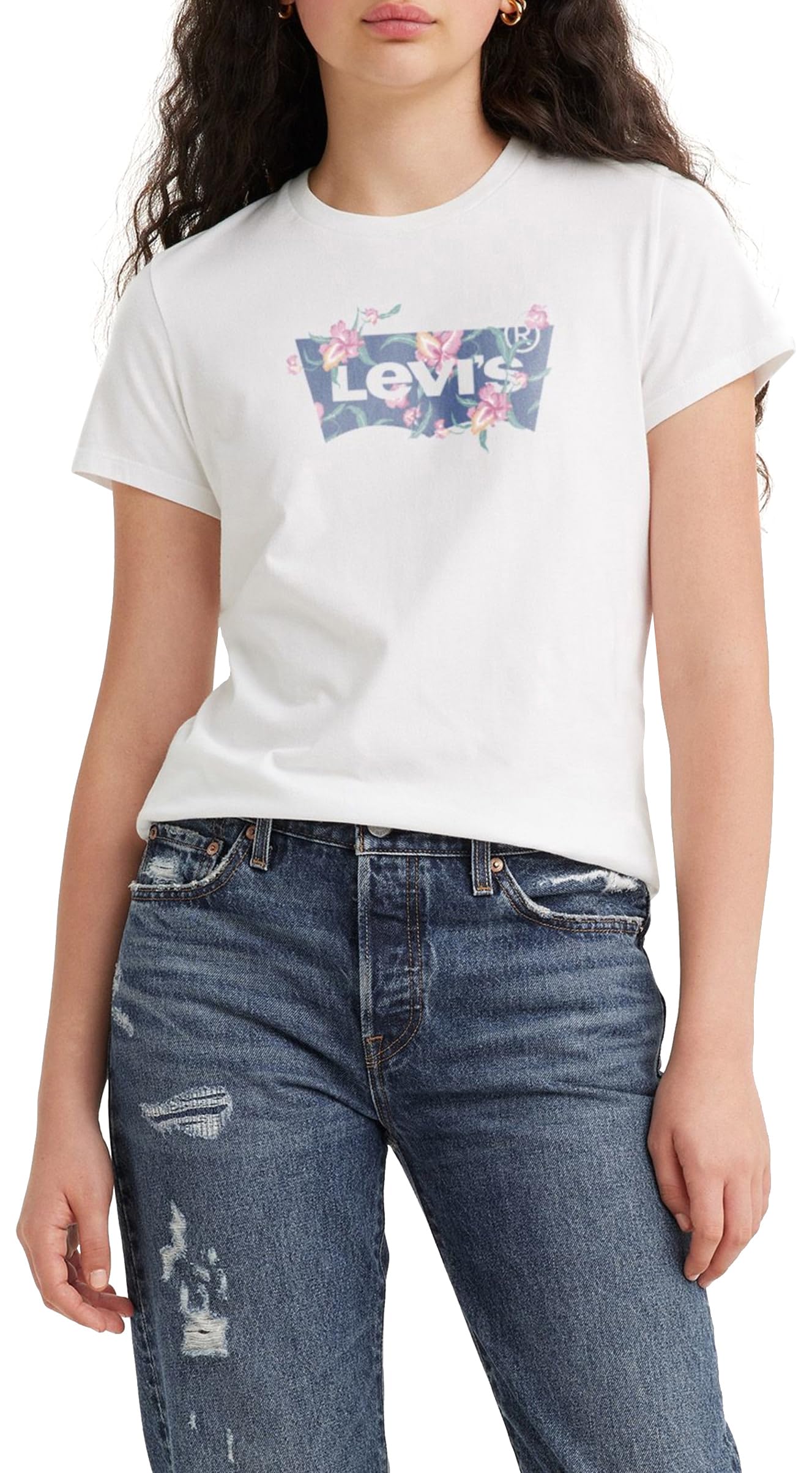 Levis Womens The Perfect Tee- Graphic Batwing Logo T-Shirt, Tropical Flower Bright White, XXS