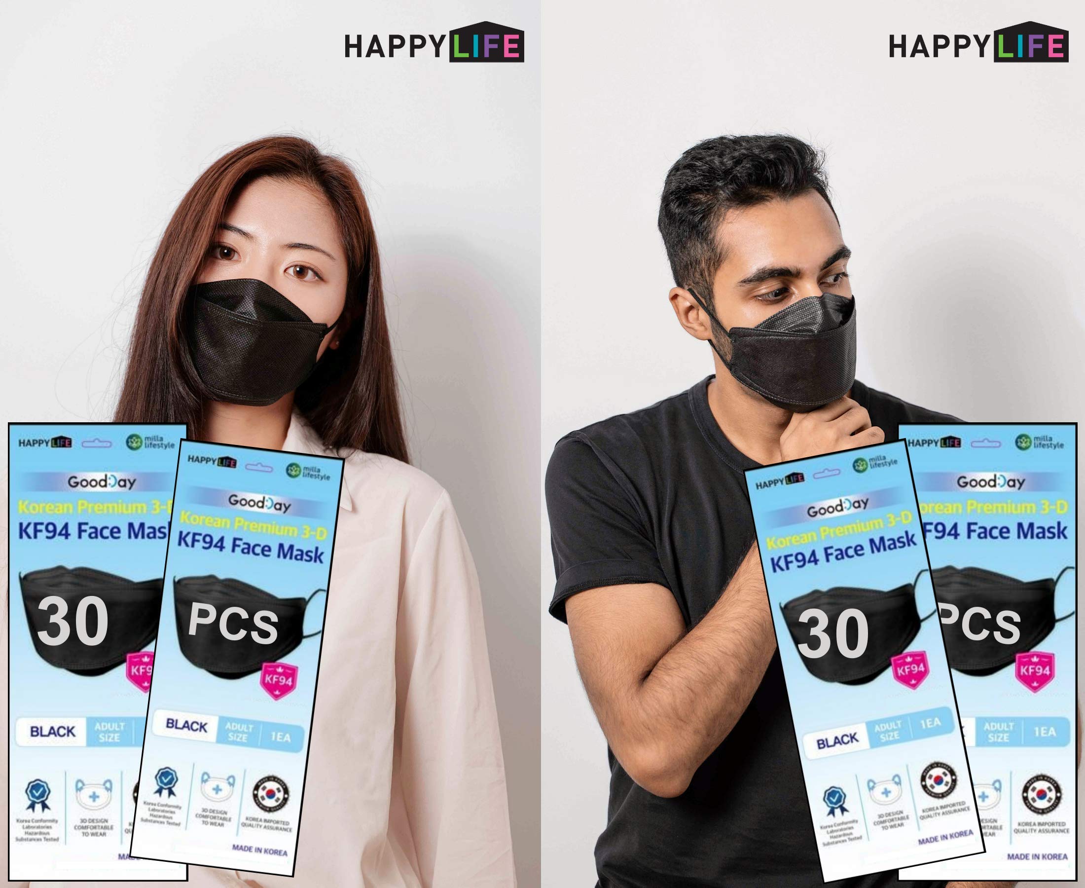 (Pack of 30) Good Day Black Disposable KF94 Face Masks, 4-Layer Filters, Made in Korea, Nose Mouth C
