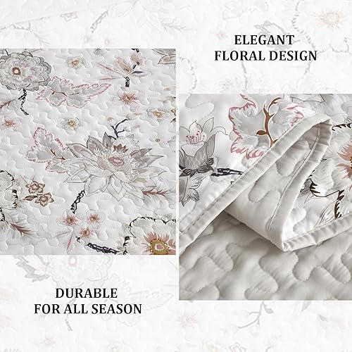 Miniatura 5 de Luxudecor Juego de edredón floral de 3 piezas, tamaño Queen, colcha de flores rubor con fundas de almohada, funda de cama ligera para todas las