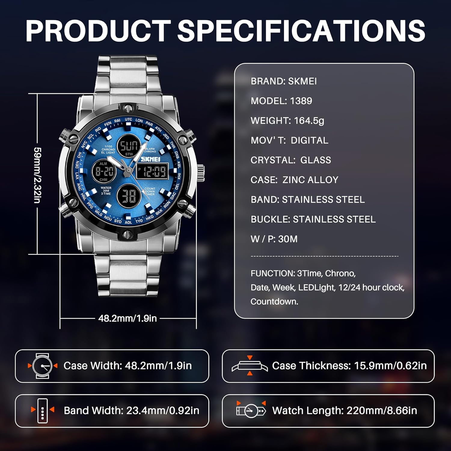 SKMEI Mens Wrist Watch, Waterproof Military Analog Digital Watches with LED Multi Time Chronograph, Stainless Steel Business Watches for Men