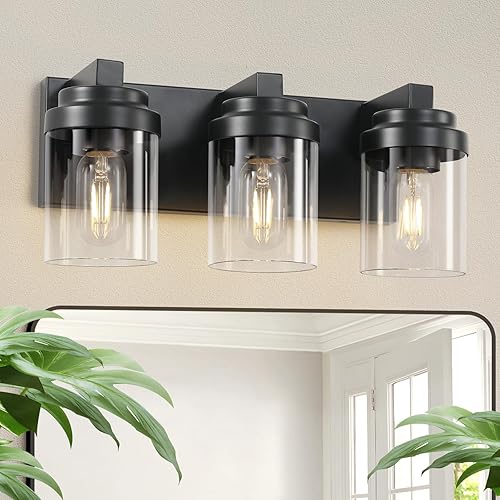 Lámpara de tocador de baño de 3 luces, accesorios de luz de baño negro mate con pantalla de vidrio transparente, lámparas de tocador sobre espejo