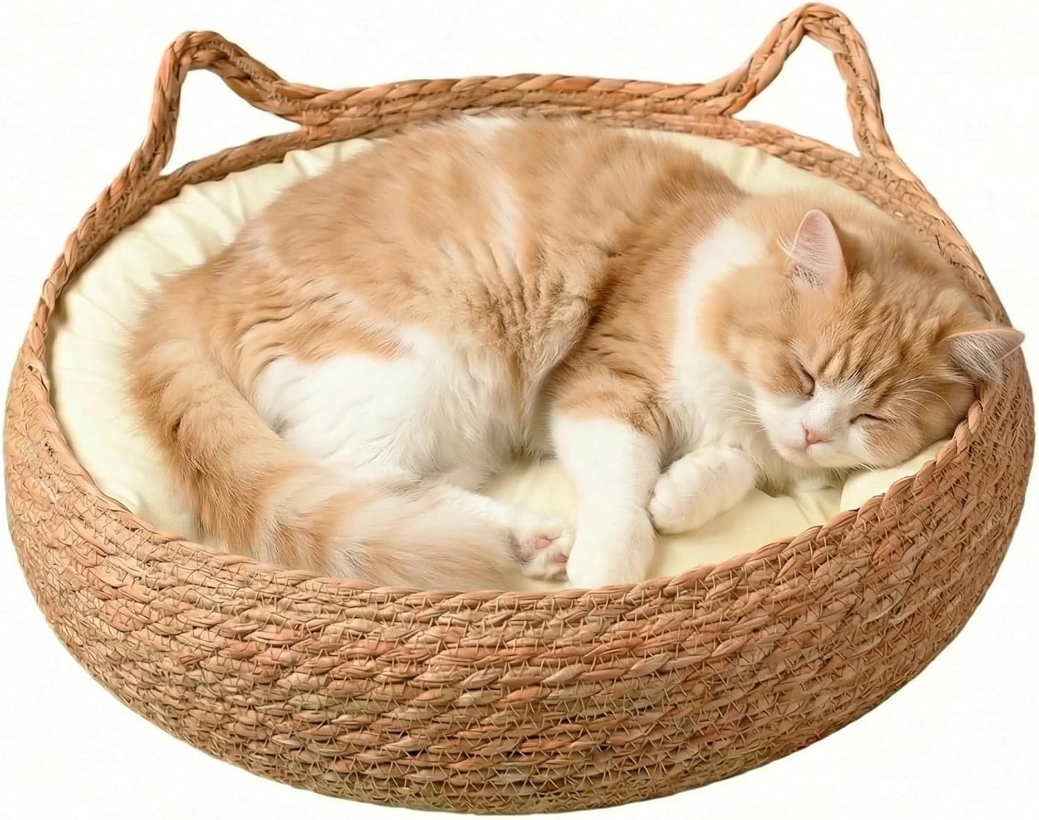 17" Woven Cat Basket Bed for Cats, Pet House with Cooling Mat & Soft Cushion for All Seasons - Washable, Handmade Braided Cattail Leaf, Boho Style, Cream White