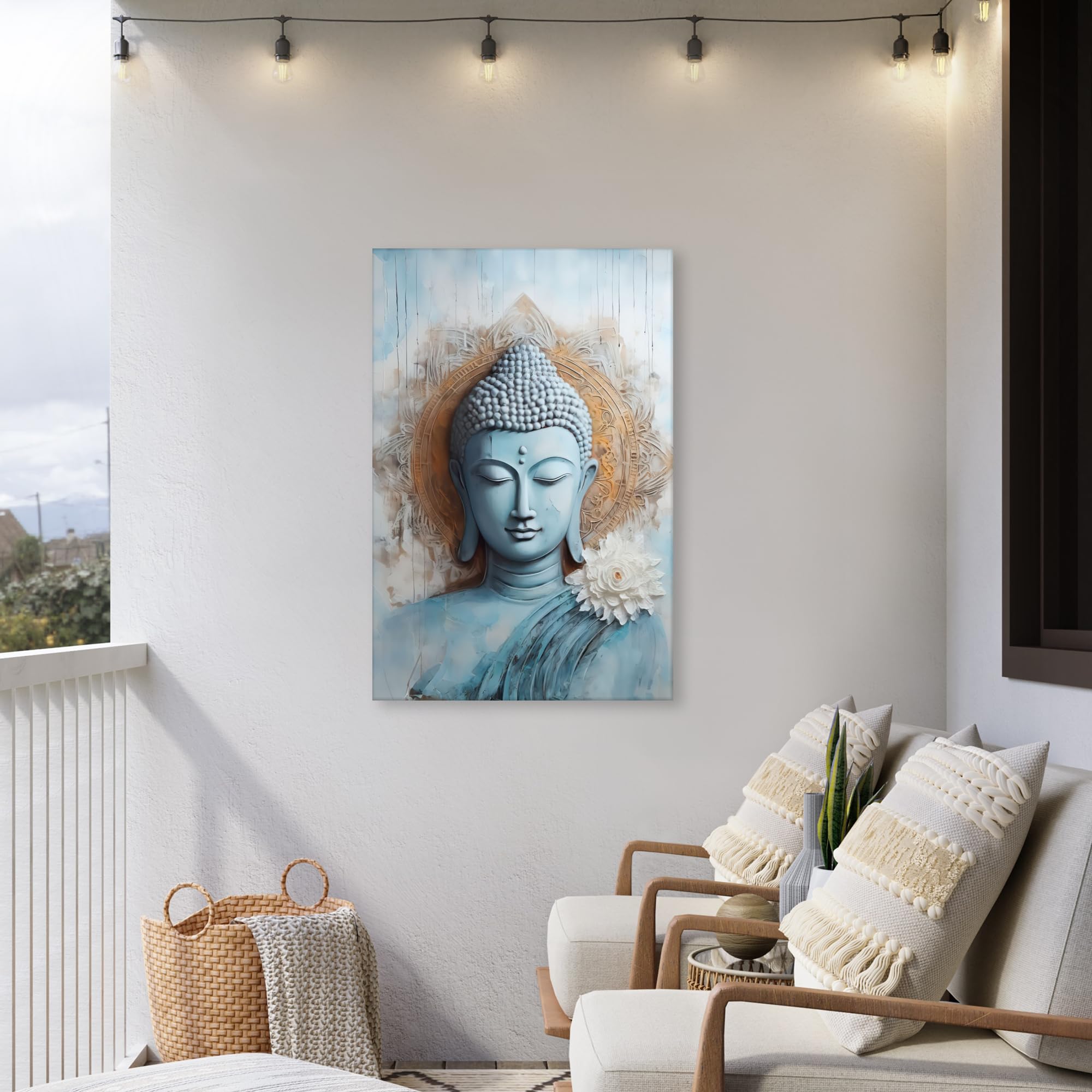 Gartenbild 80x120 cm Outdoor Deko Garten Leinwand Modern Wandbild Wetterfest Kunstdruck Terrasse Geschenke Draußen Buddha - Statue - Blau - Braun - Blume