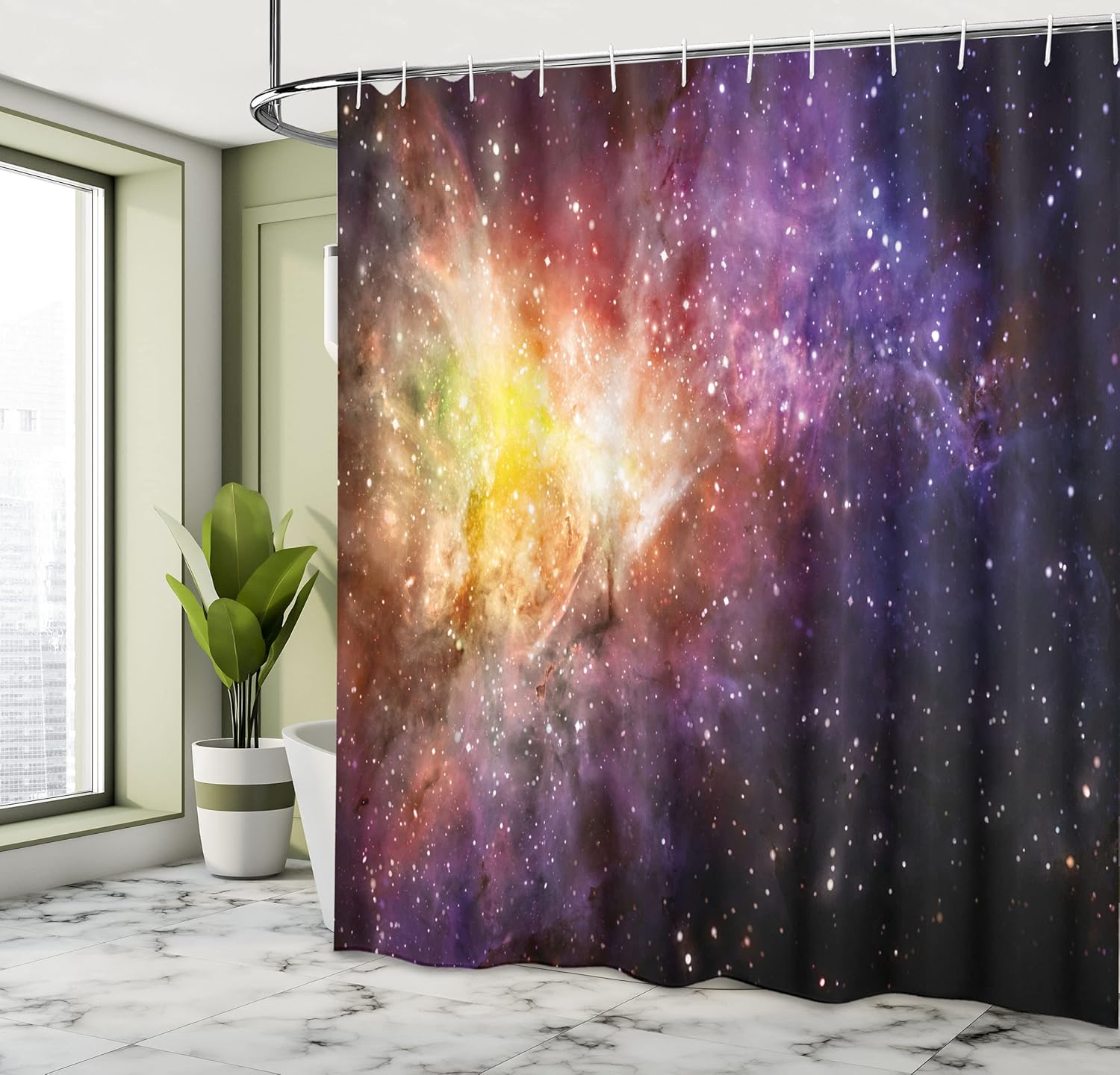 Ambesonne Galaxy Shower Curtain, Nebula Gas Cloud Image Vivid Starfield Cloud Starry Deep Outer Space Print, Cloth Fabric Bathroom Decor Set with Hooks, 69" W x 84" L, Black Purple Yellow