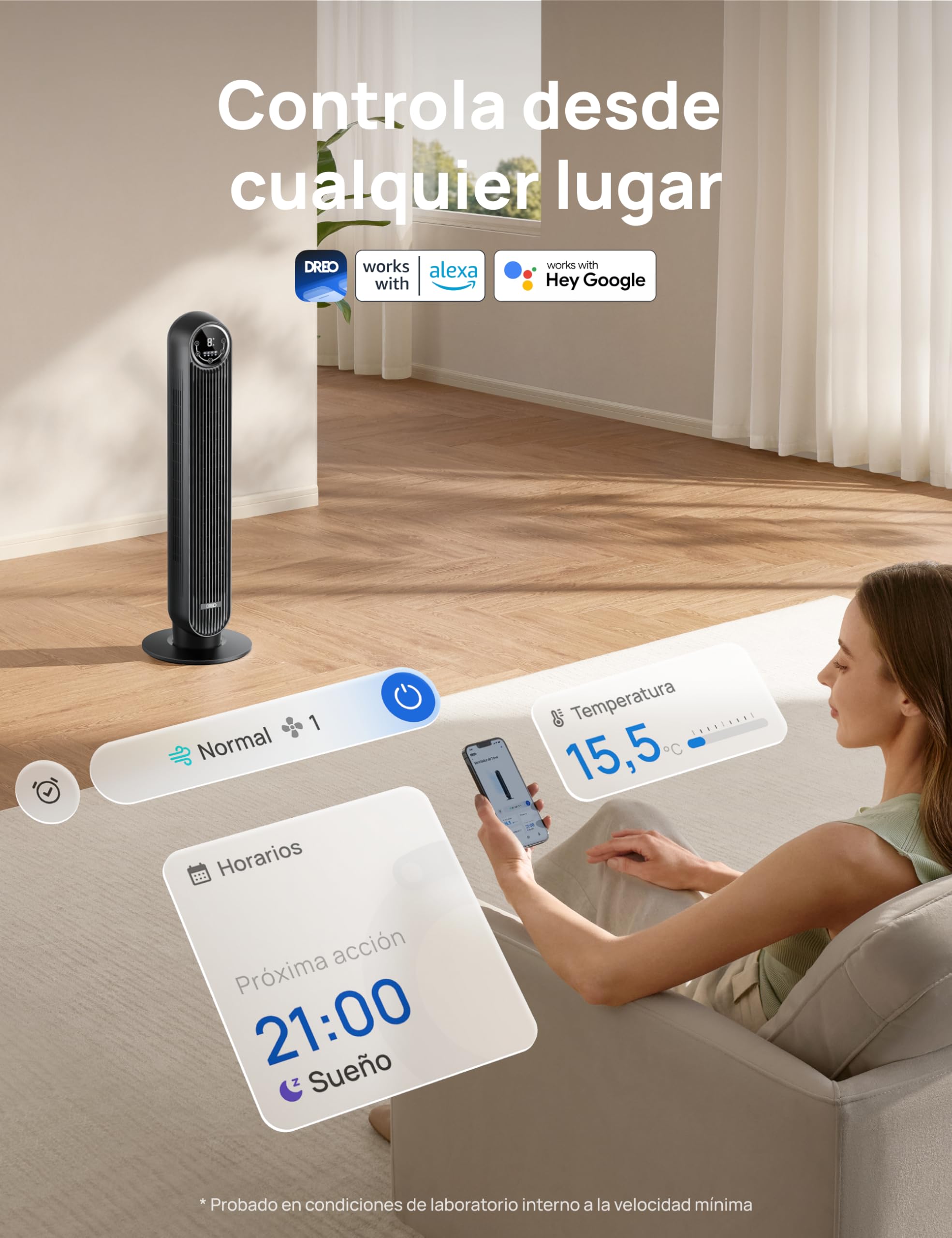 Dreo ventilador de pie silencioso, ventilador de torre con velocidad de 7,6 m/s, 4 velocidades, rotación de 90°, temporizador de 8 horas, pantalla LED y mando a distancia incluido. negro. Alexa — view 7