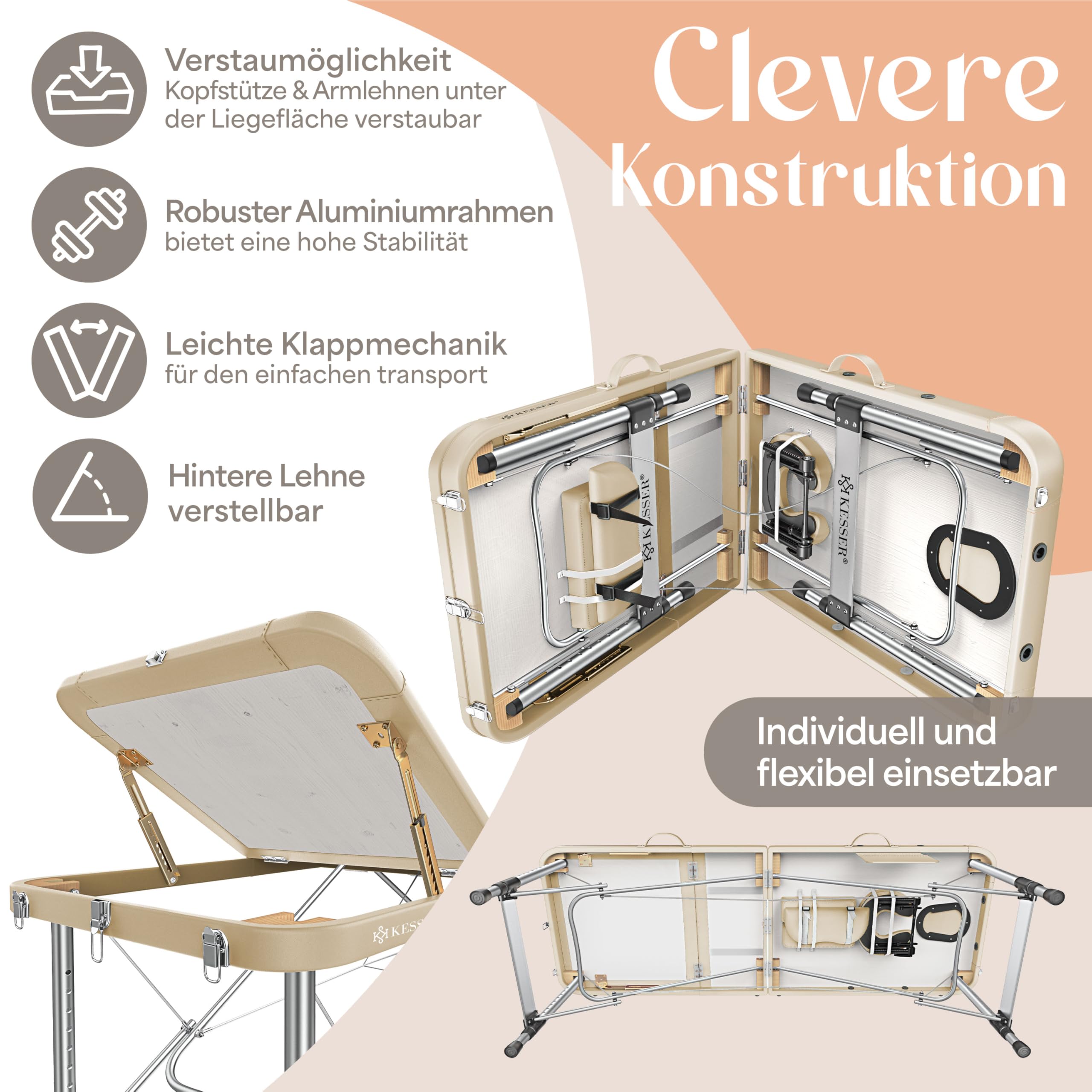 KESSER® Camilla de Masaje Móvil Plegable y Ajustable en Altura Cama 3 Zonas Estética Amplia de Terapia Aluminio + 10x Reposacabezas